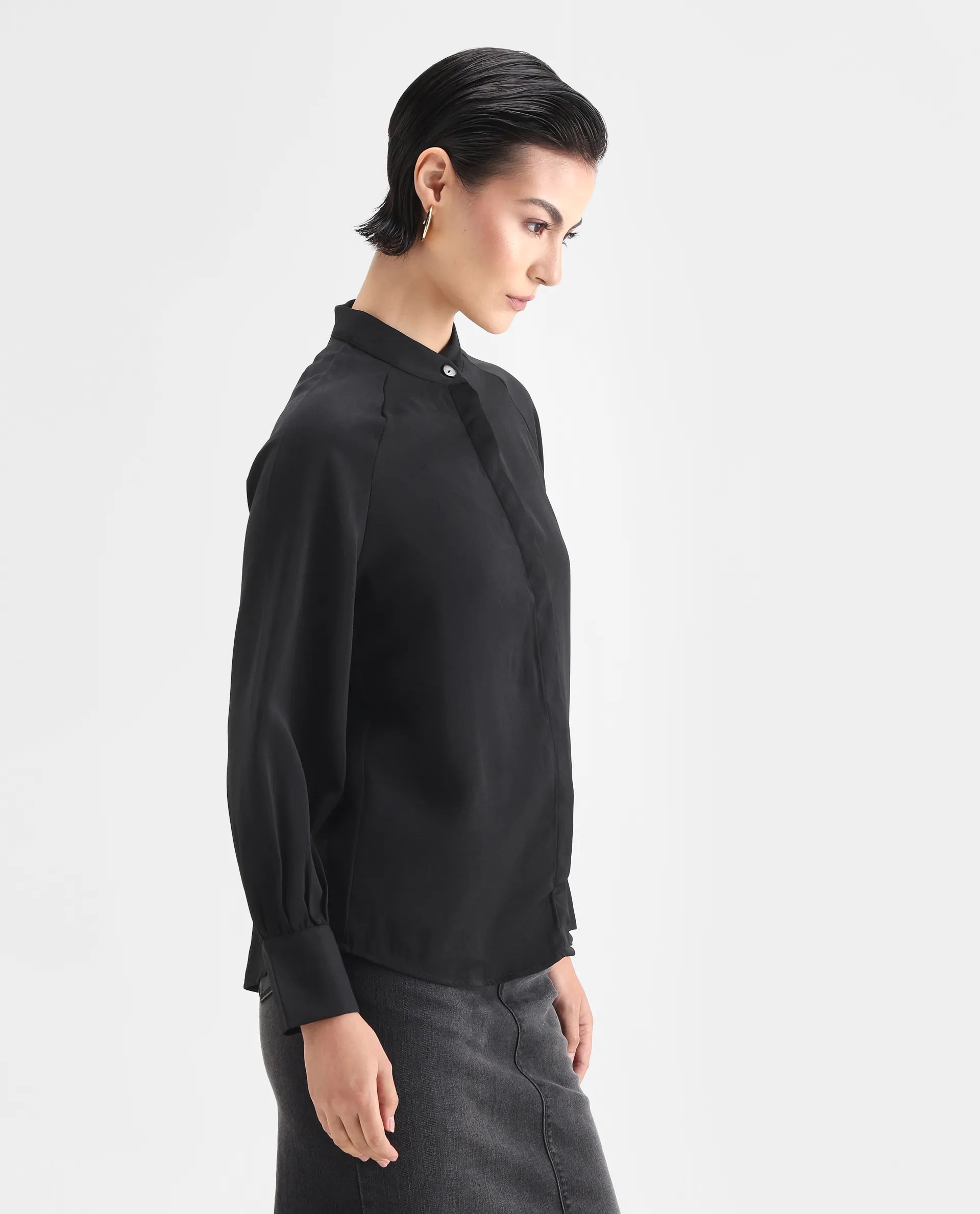 Rareism Women's Snera Black Polyester Blend Drop Collar Plain Cuffed Sleeve Regular Fit Top