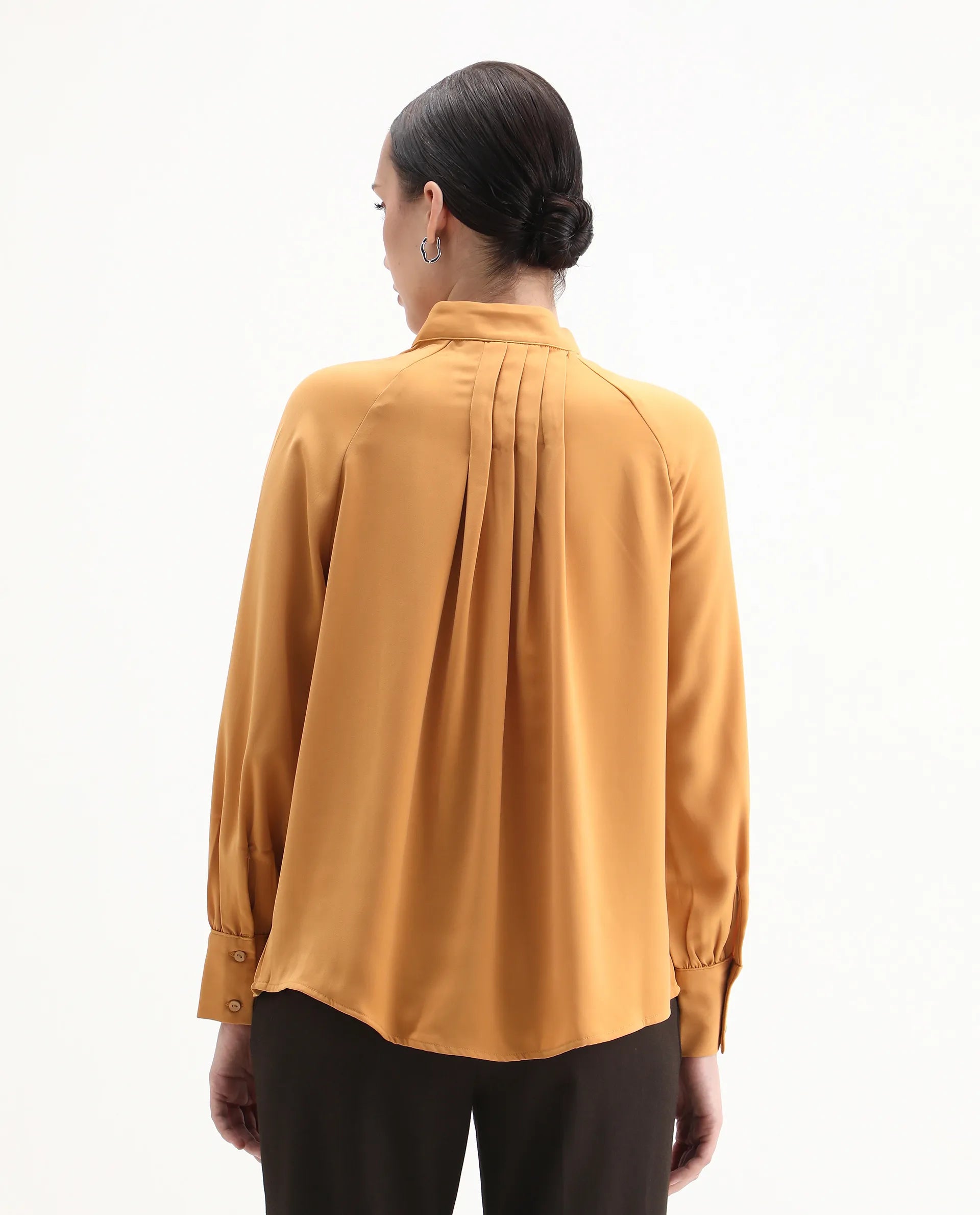 Rareism Women's Snera Yellow Polyester Blend Drop Collar Plain Cuffed Sleeve Regular Fit Top