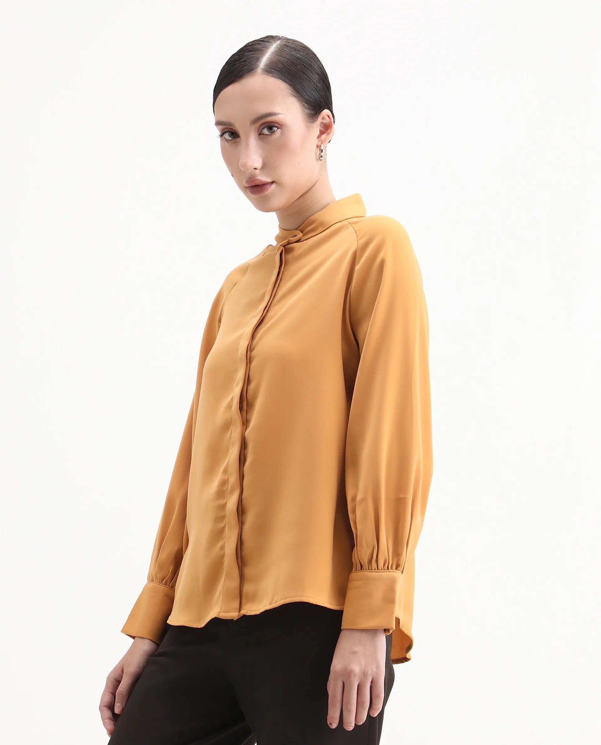 Rareism Women's Snera Yellow Polyester Blend Drop Collar Plain Cuffed Sleeve Regular Fit Top