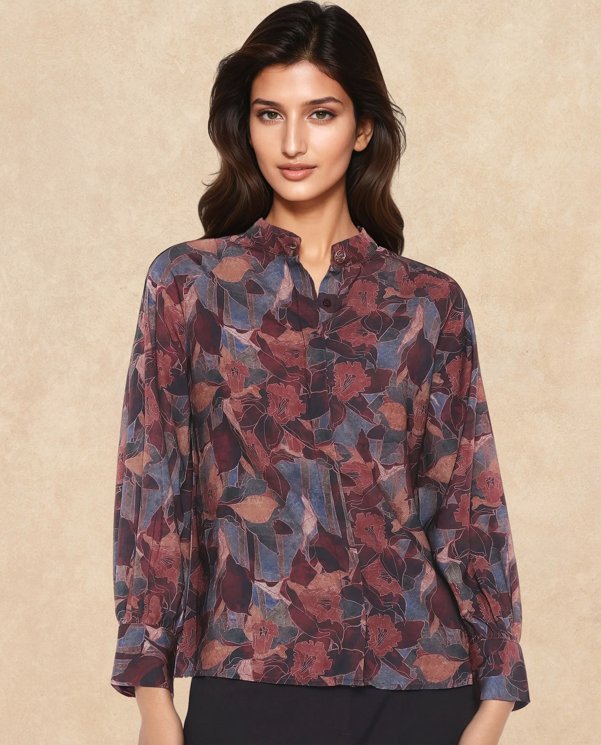 Rareism Women Snery Dark Multi Polyester Fabric Cuffed Sleeve Collared Neck Button Closure Floral Print Top