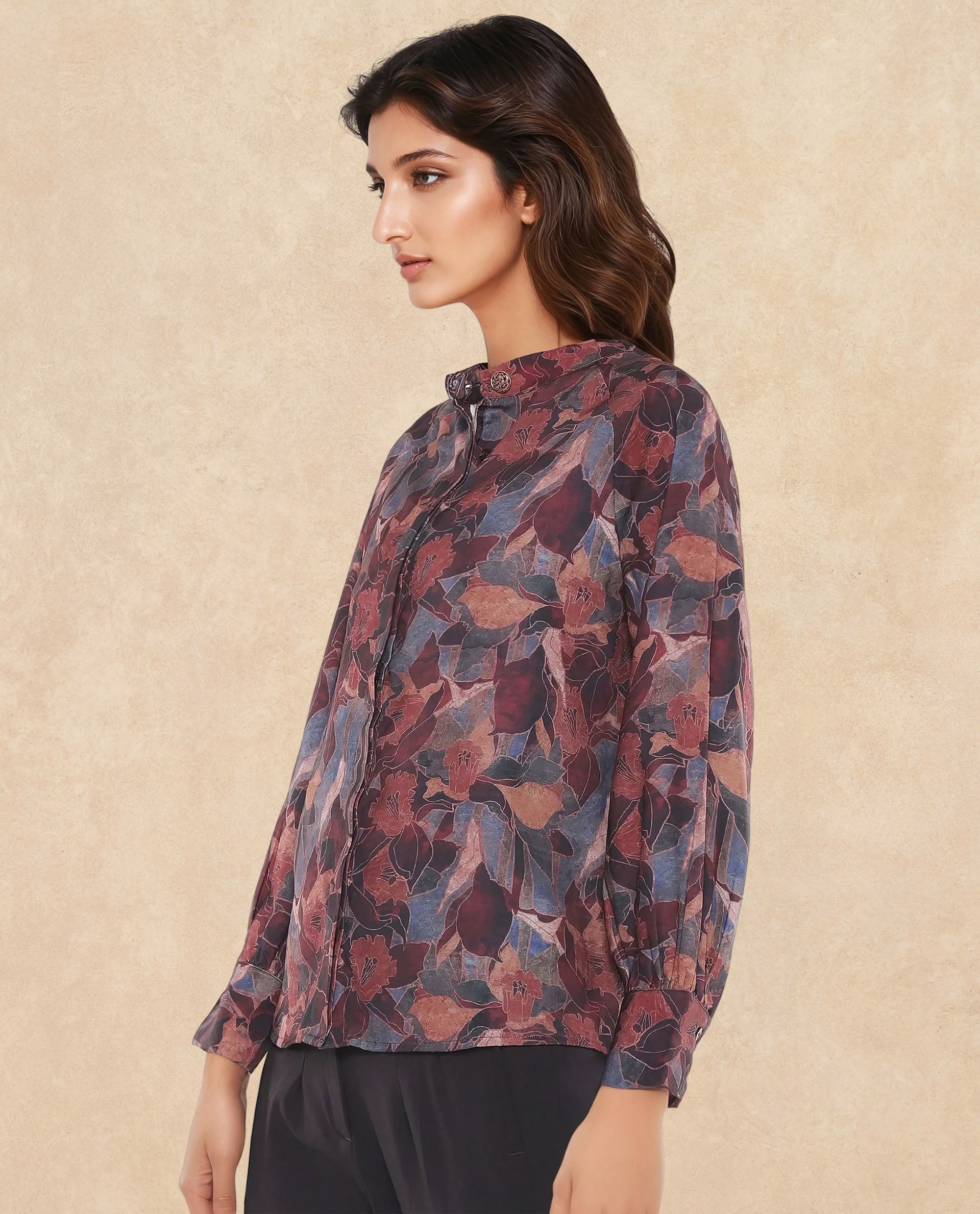 Rareism Women Snery Dark Multi Polyester Fabric Cuffed Sleeve Collared Neck Button Closure Floral Print Top