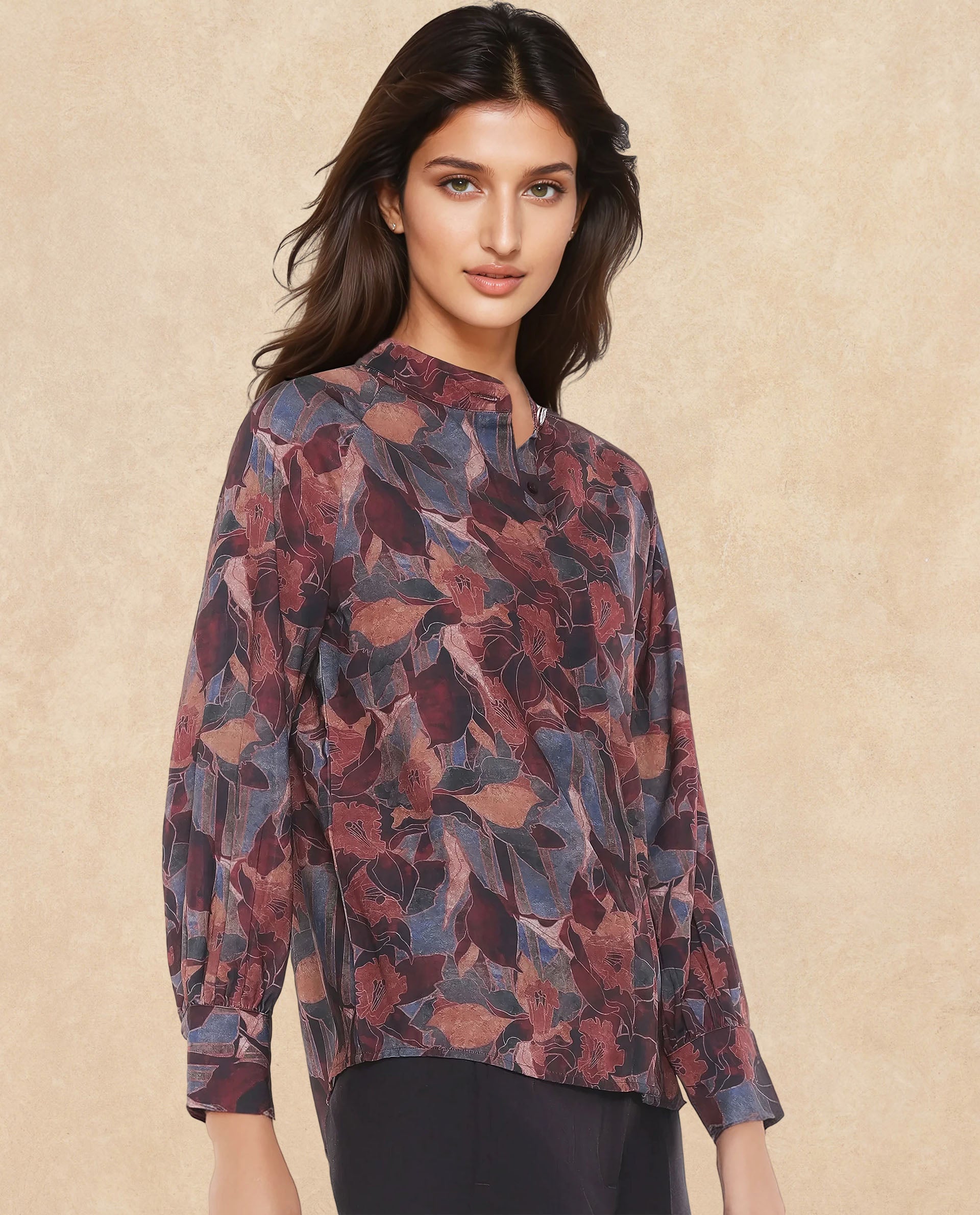 Rareism Women Snery Dark Multi Polyester Fabric Cuffed Sleeve Collared Neck Button Closure Floral Print Top