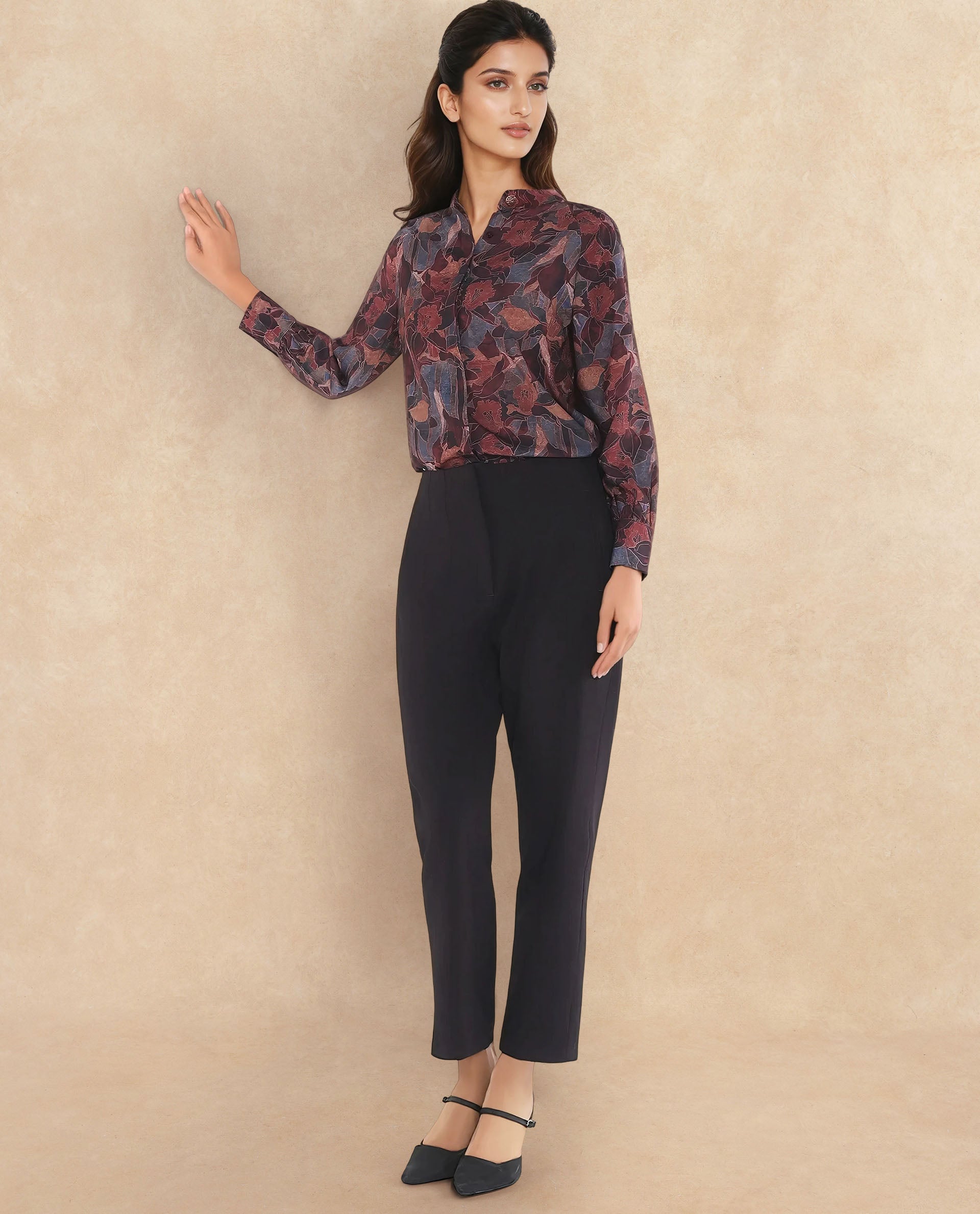 Rareism Women Snery Dark Multi Polyester Fabric Cuffed Sleeve Collared Neck Button Closure Floral Print Top