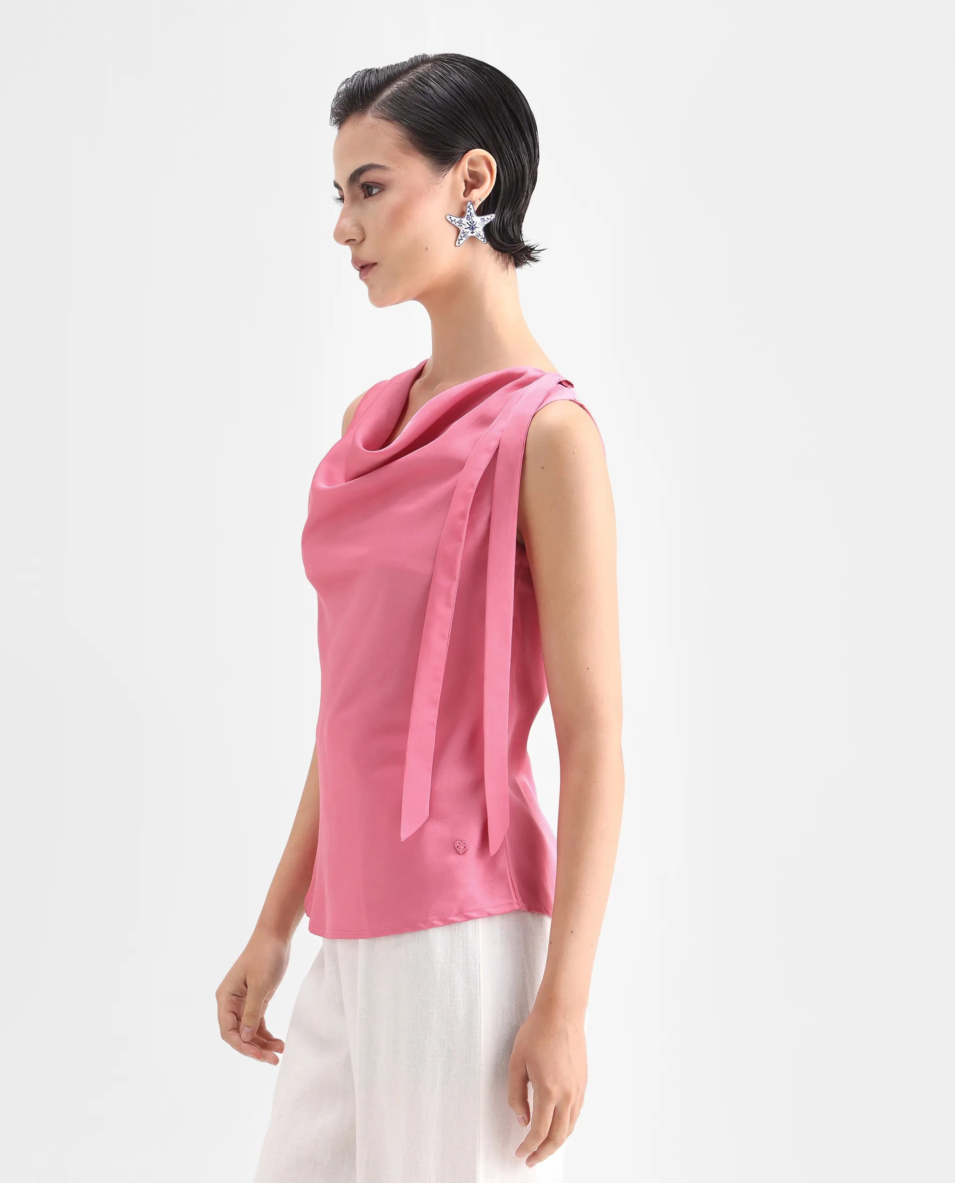 Rareism Women's Snicketti Pink Satin Cowl Neck Plain Sleeveless Regular Fit Top