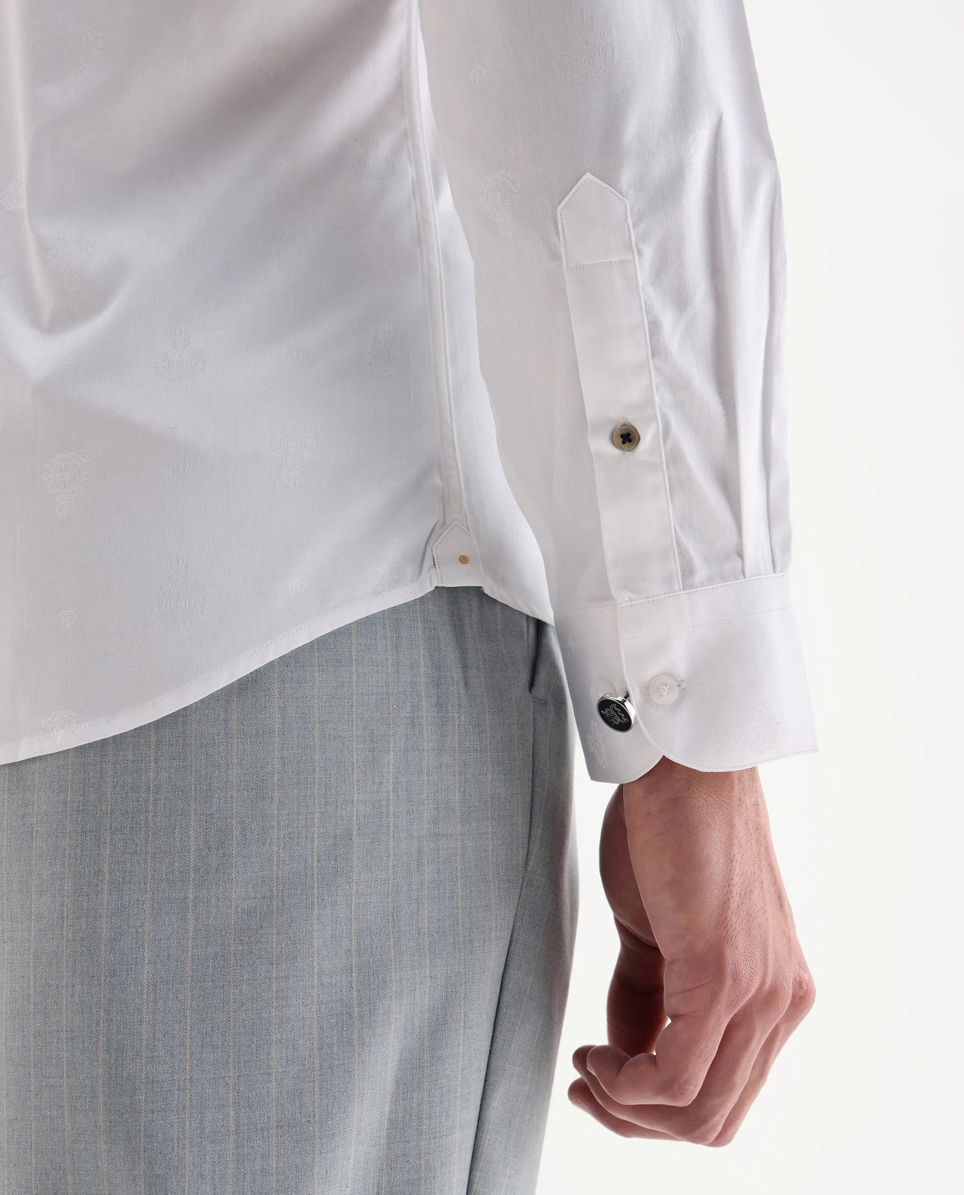 Rare Rabbit Men's Snow-25 White Cotton Fabric Spread Collar Regular Fit Jacquard Shirt
