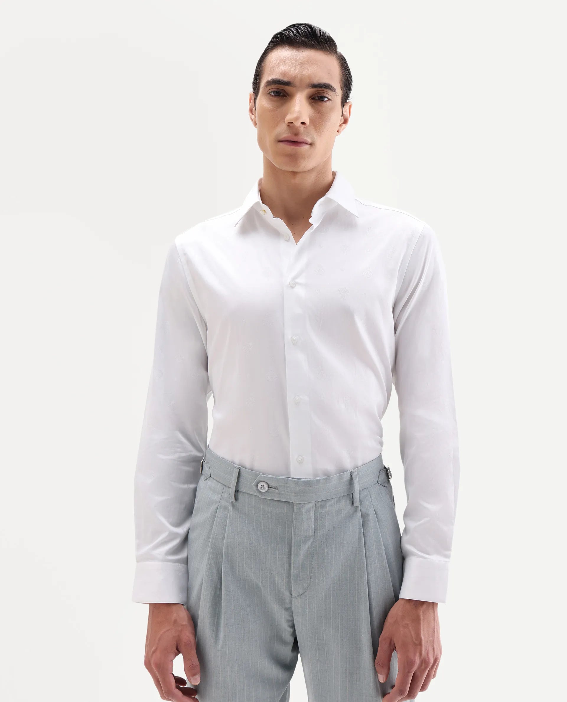 Rare Rabbit Men's Snow-25 White Cotton Fabric Spread Collar Regular Fit Jacquard Shirt