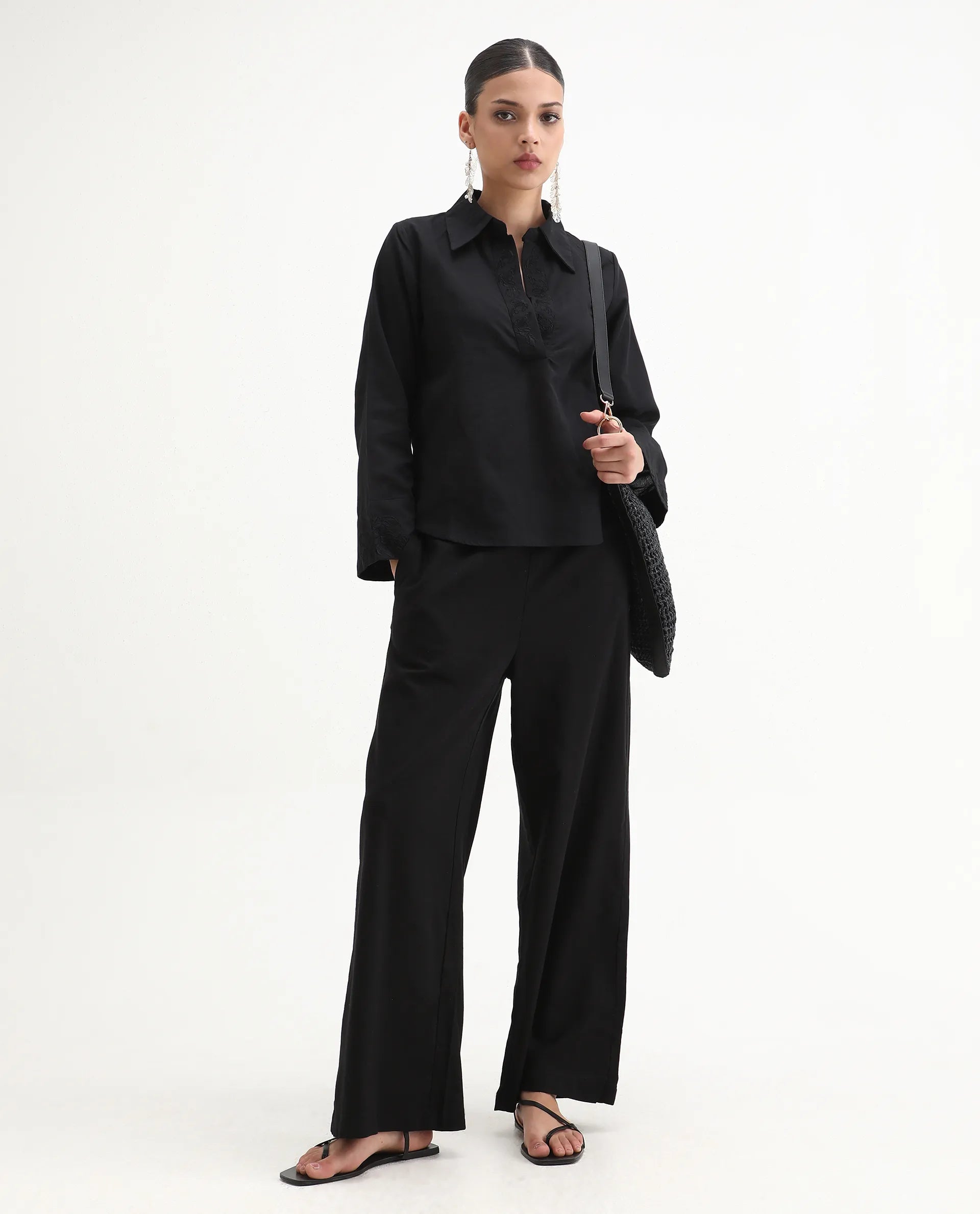 Rareism Women's Sofian Black Cotton Blend Drop Collar Plain Bell Sleeve Relaxed Fit Top