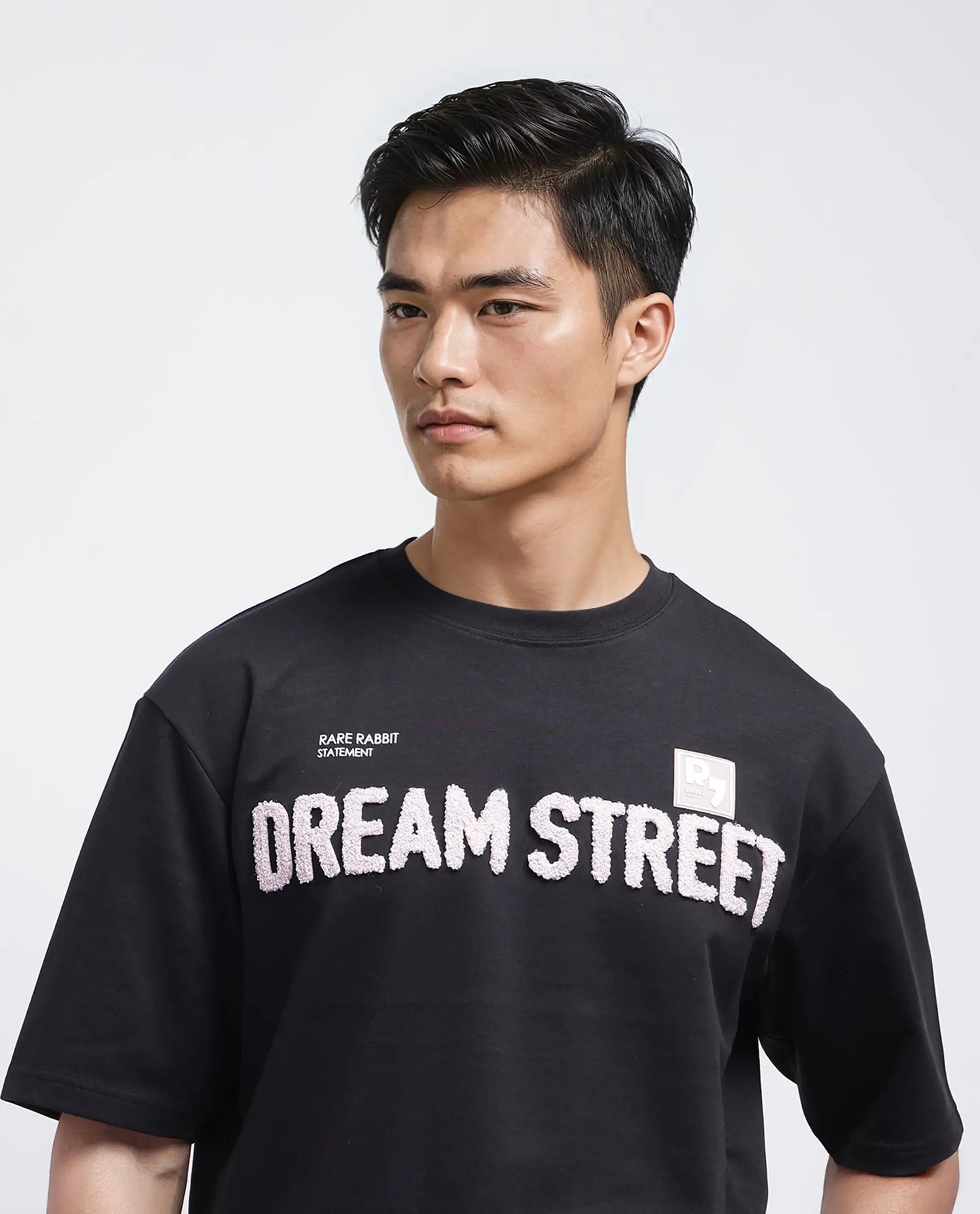 Rare Rabbit Men Soin Black Cotton Poly Fabric Short Sleeve Oversized Fit Graphic Print T-Shirt