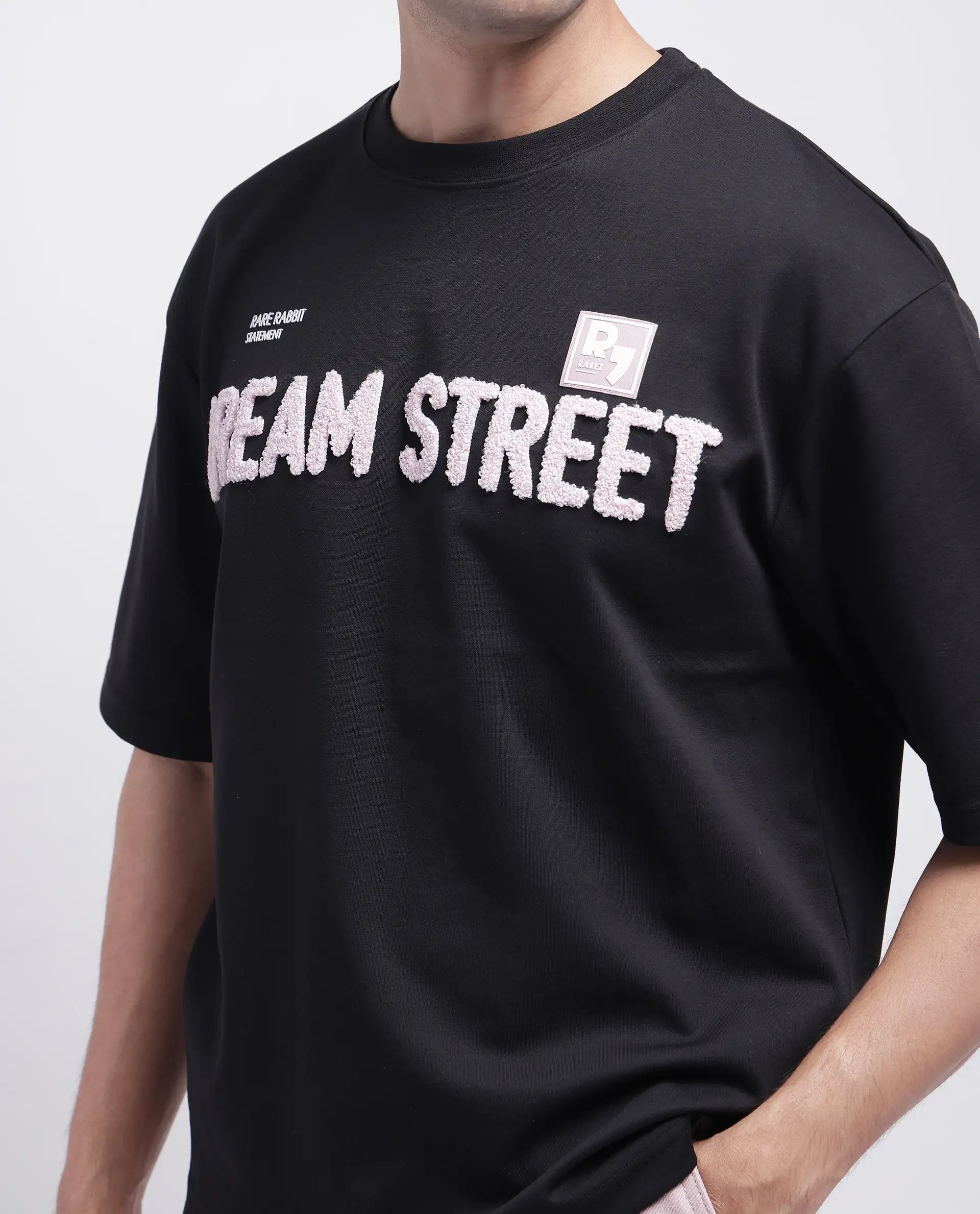 Rare Rabbit Men Soin Black Cotton Poly Fabric Short Sleeve Oversized Fit Graphic Print T-Shirt