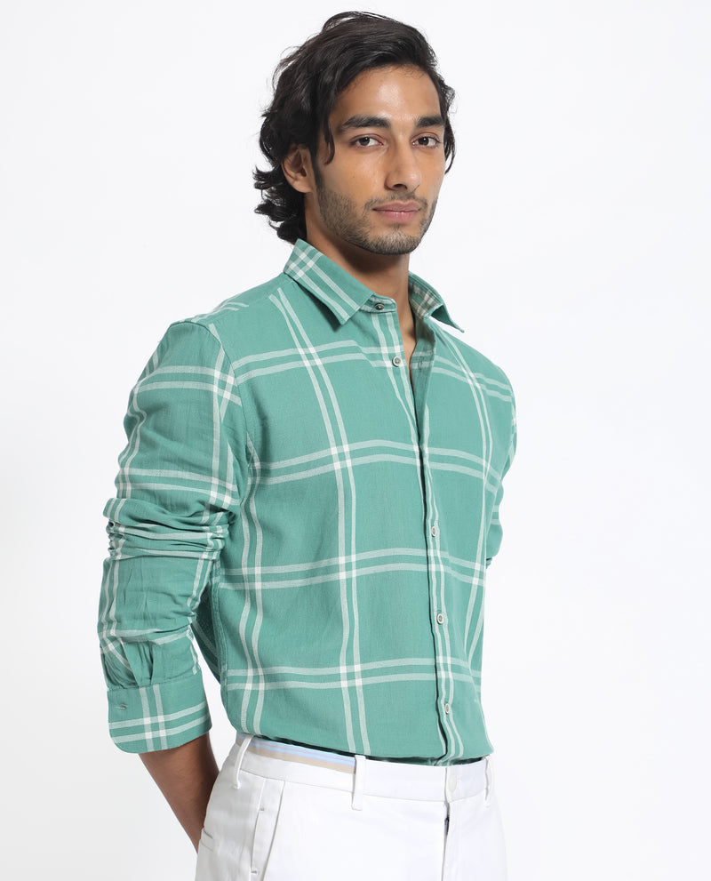 Rare Rabbit Men's Solan Green Cotton Fabric Full Sleeves Windowpane Check Shirt
