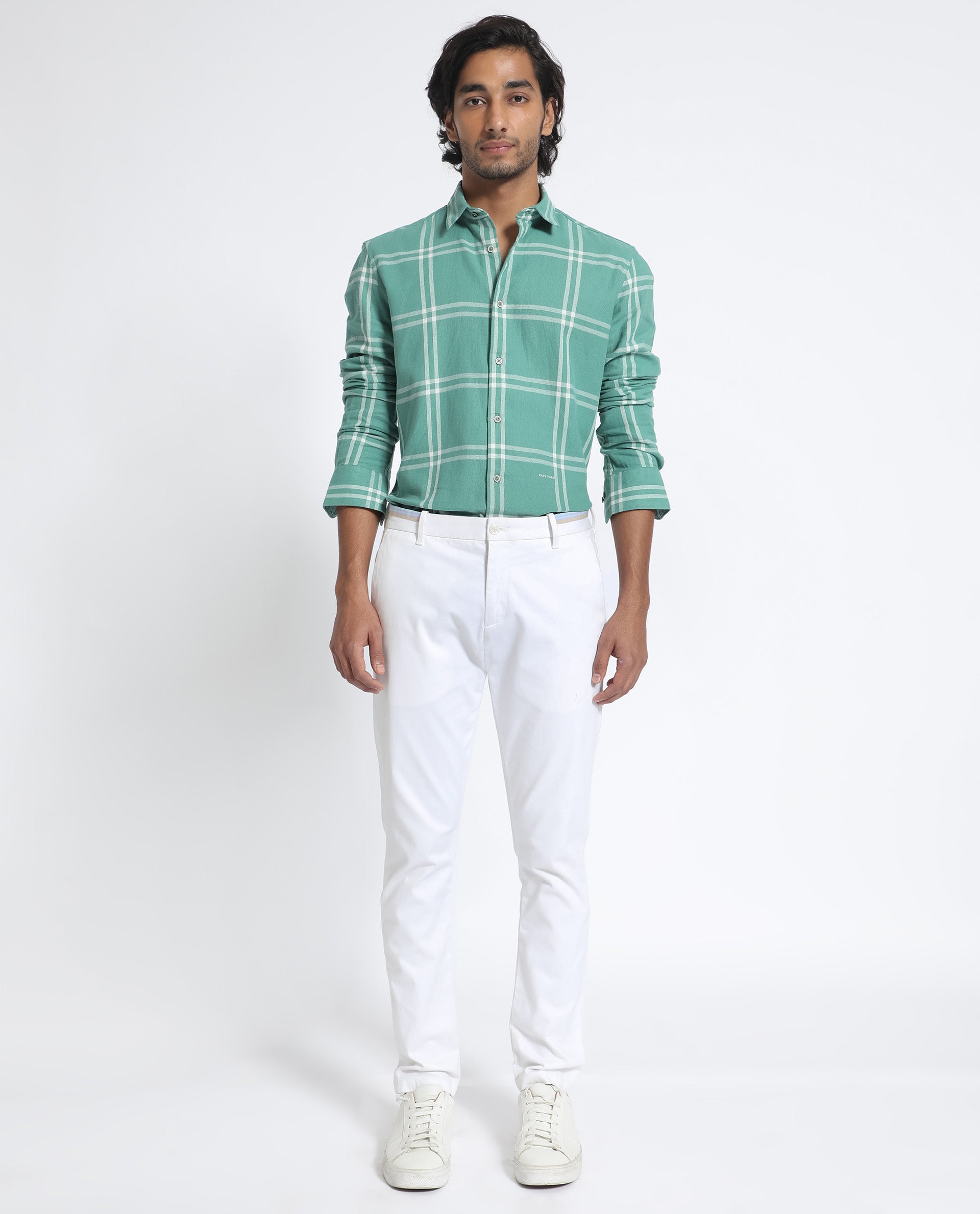 Rare Rabbit Men's Solan Green Cotton Fabric Full Sleeves Windowpane Check Shirt