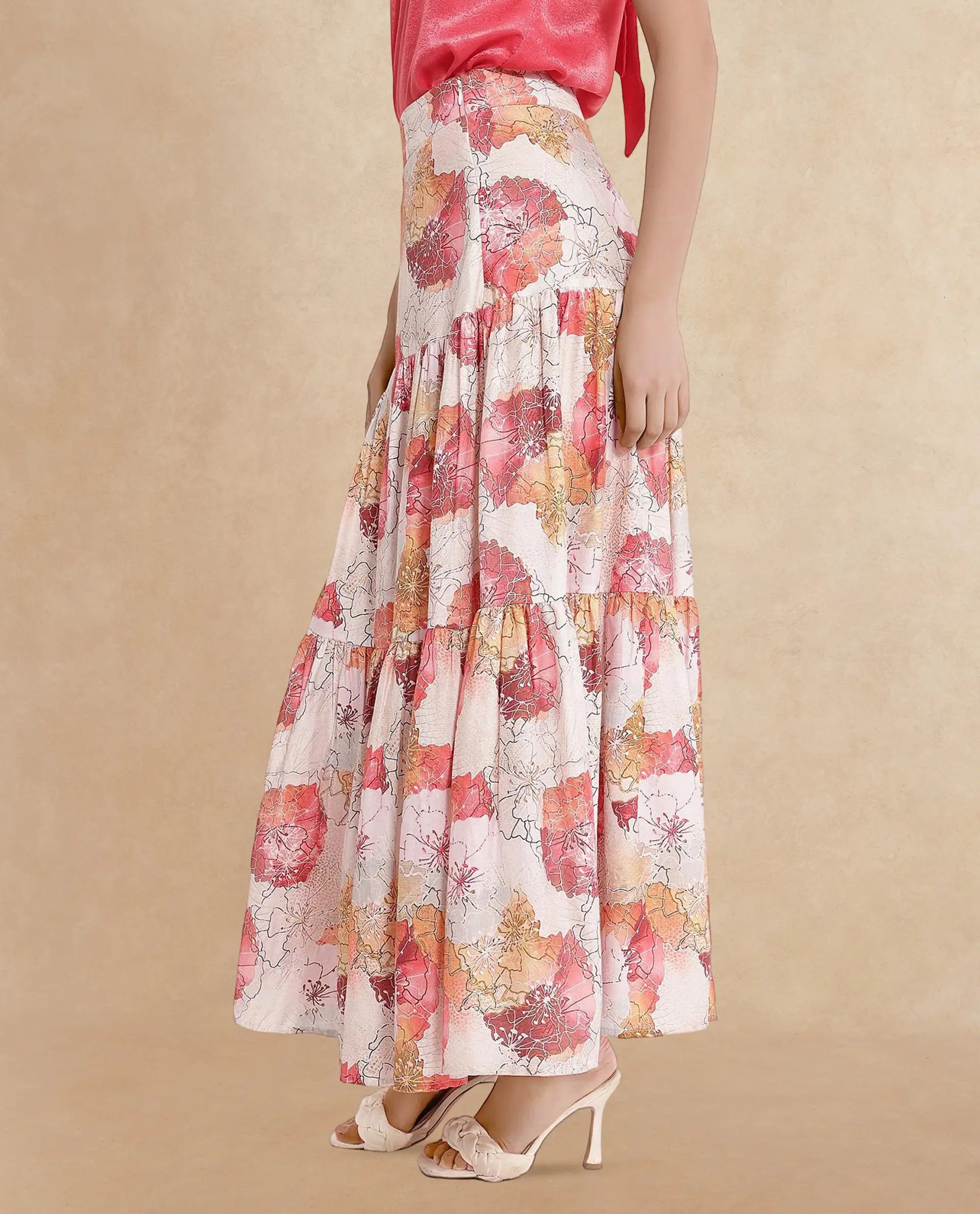 Rareism Women Solan Multi Zip Flared Maxi Floral Print Skirt