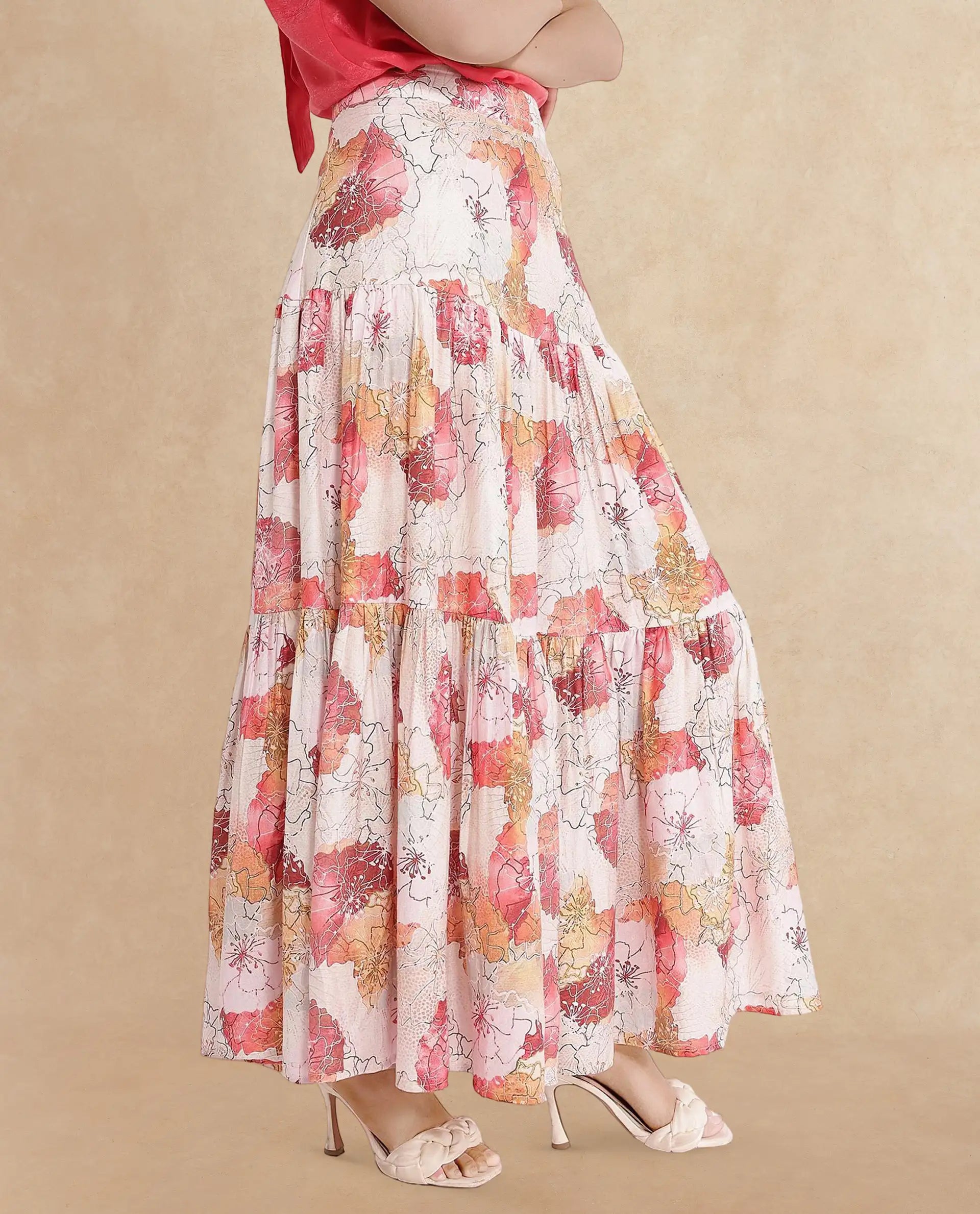 Rareism Women Solan Multi Zip Flared Maxi Floral Print Skirt