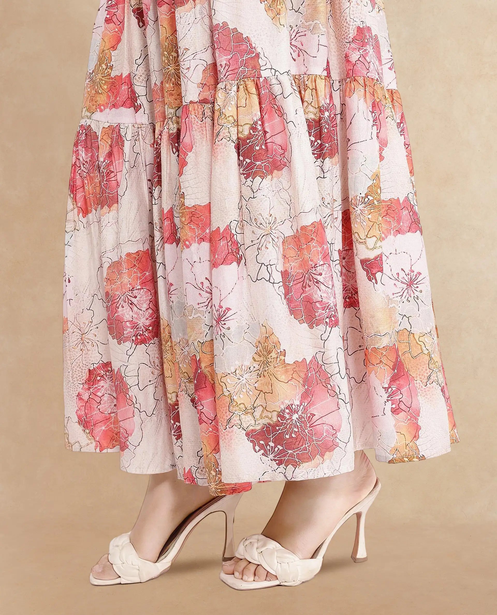 Rareism Women Solan Multi Zip Flared Maxi Floral Print Skirt