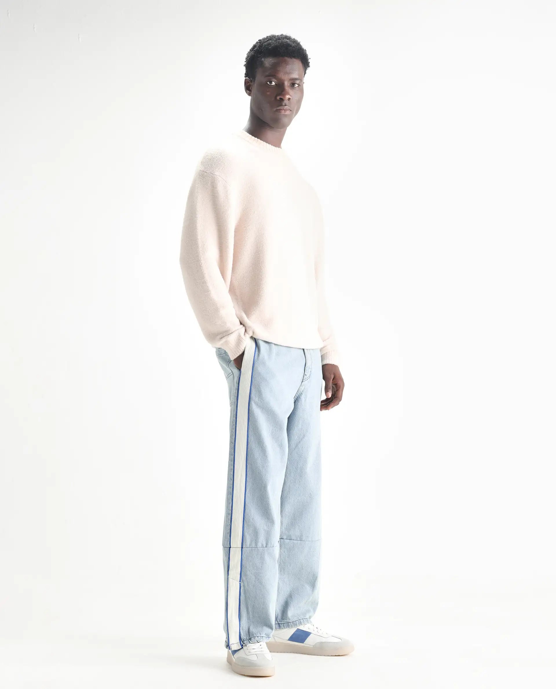 Rare Rabbit Men's Sol Light Blue Cotton Plain Baggy Fit Jeans