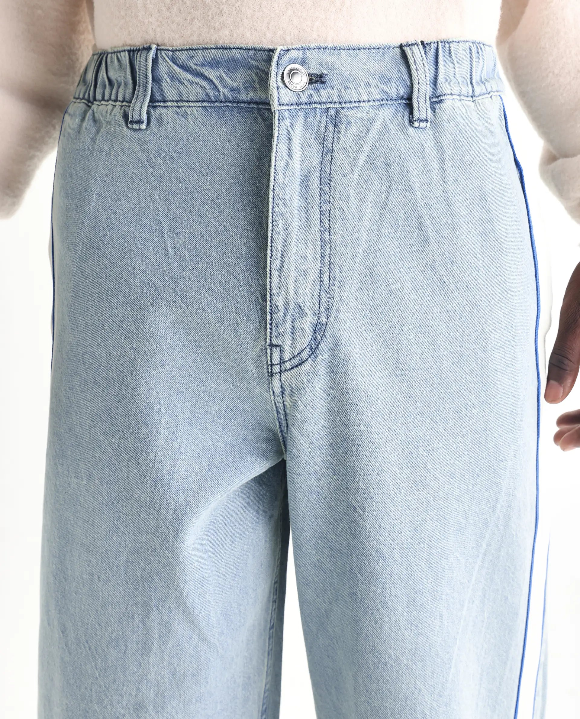 Rare Rabbit Men's Sol Light Blue Cotton Plain Baggy Fit Jeans