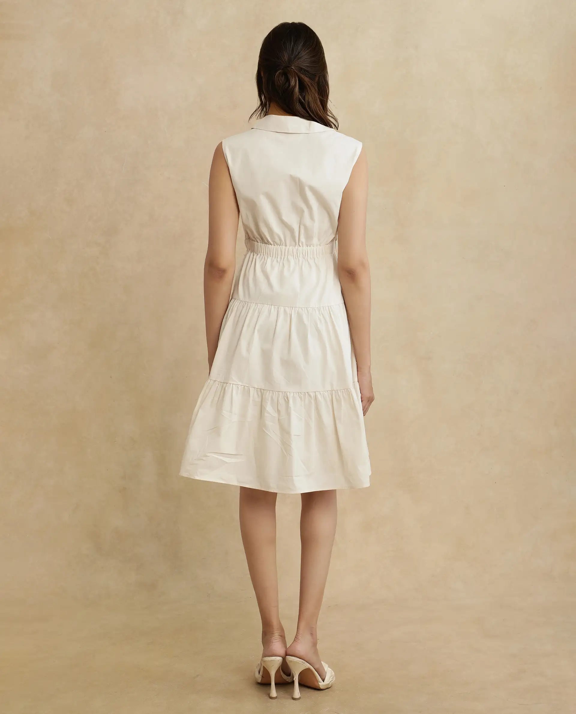 Rareism Women Somaka Beige Cotton Fabric Sleeveless Collared Neck Button Closure Fit And Flare Mini Plain Dress