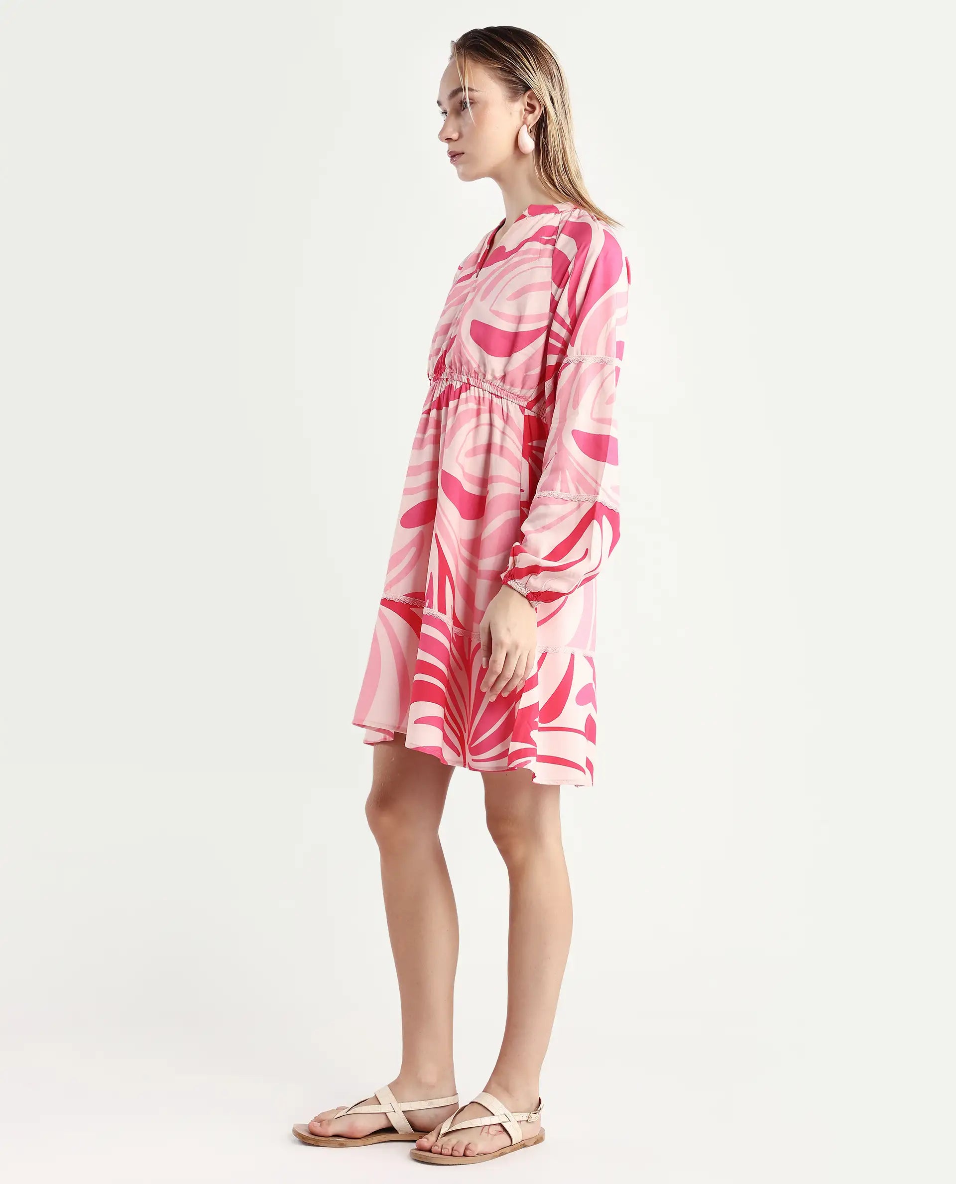 Rareism Women's Somalin Multi Viscose Mandarin Collar Abstract Print Raglan Sleeve Mini Fit And Flare Dress