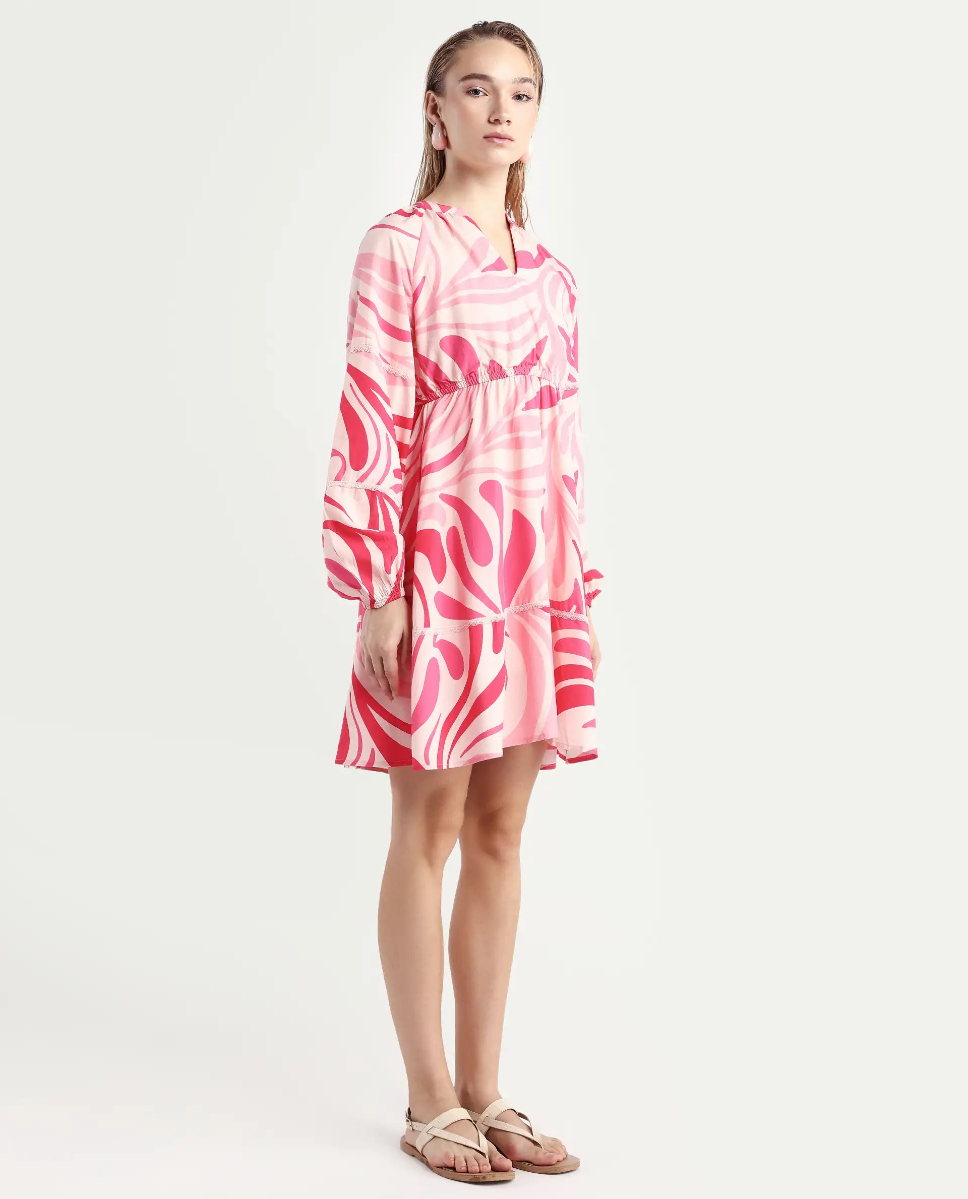 Rareism Women's Somalin Multi Viscose Mandarin Collar Abstract Print Raglan Sleeve Mini Fit And Flare Dress