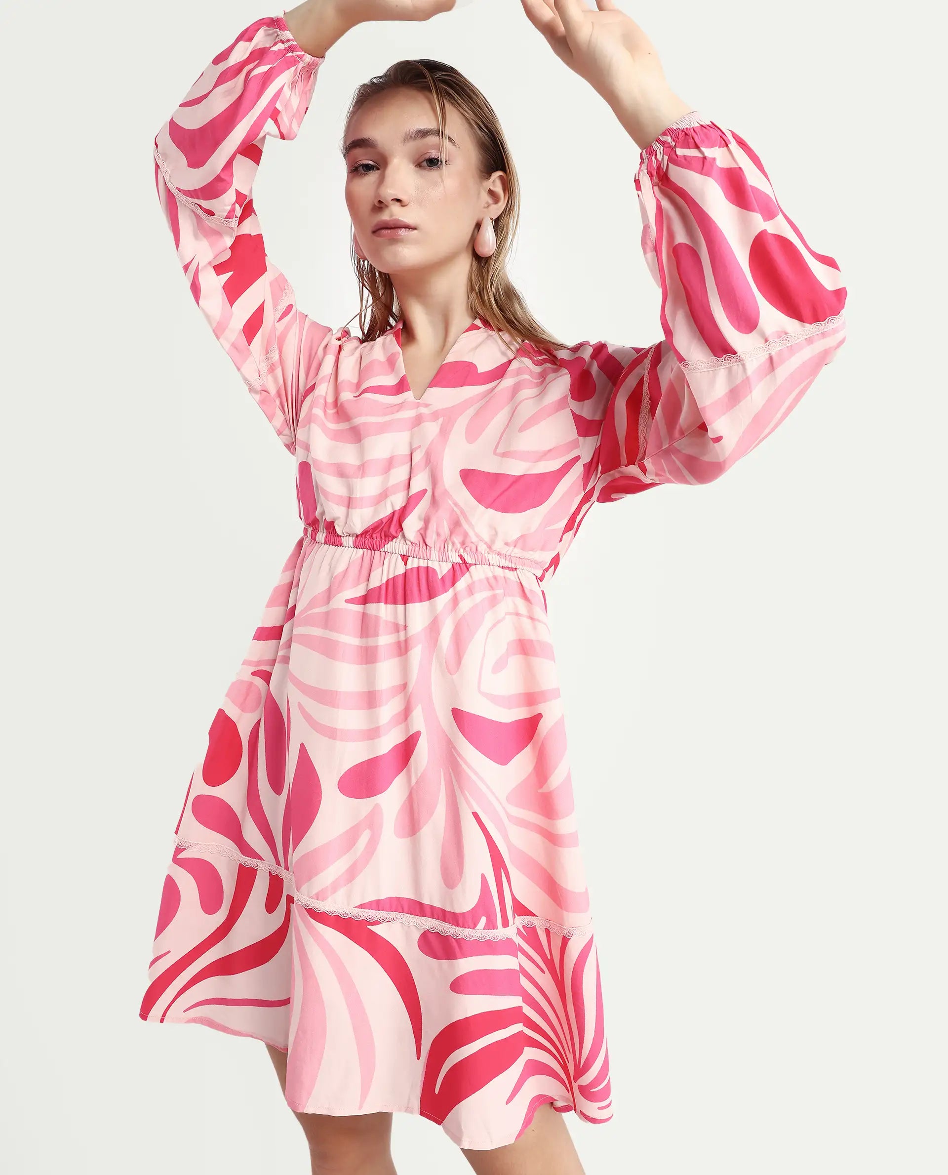 Rareism Women's Somalin Multi Viscose Mandarin Collar Abstract Print Raglan Sleeve Mini Fit And Flare Dress