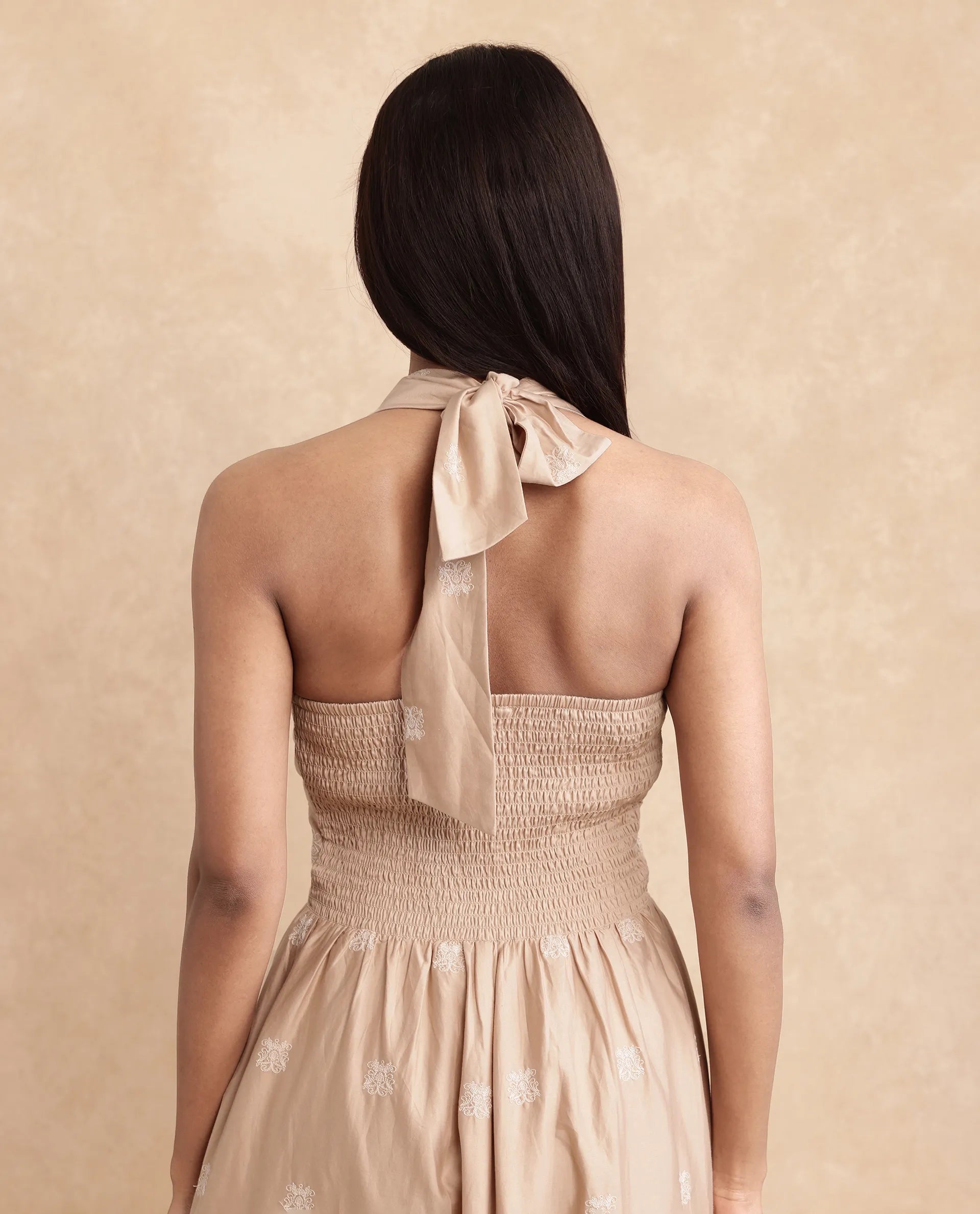 Rareism Women's Somaxa Beige Cotton Halter Neck Plain Sleeveless Midi A-Line Dress