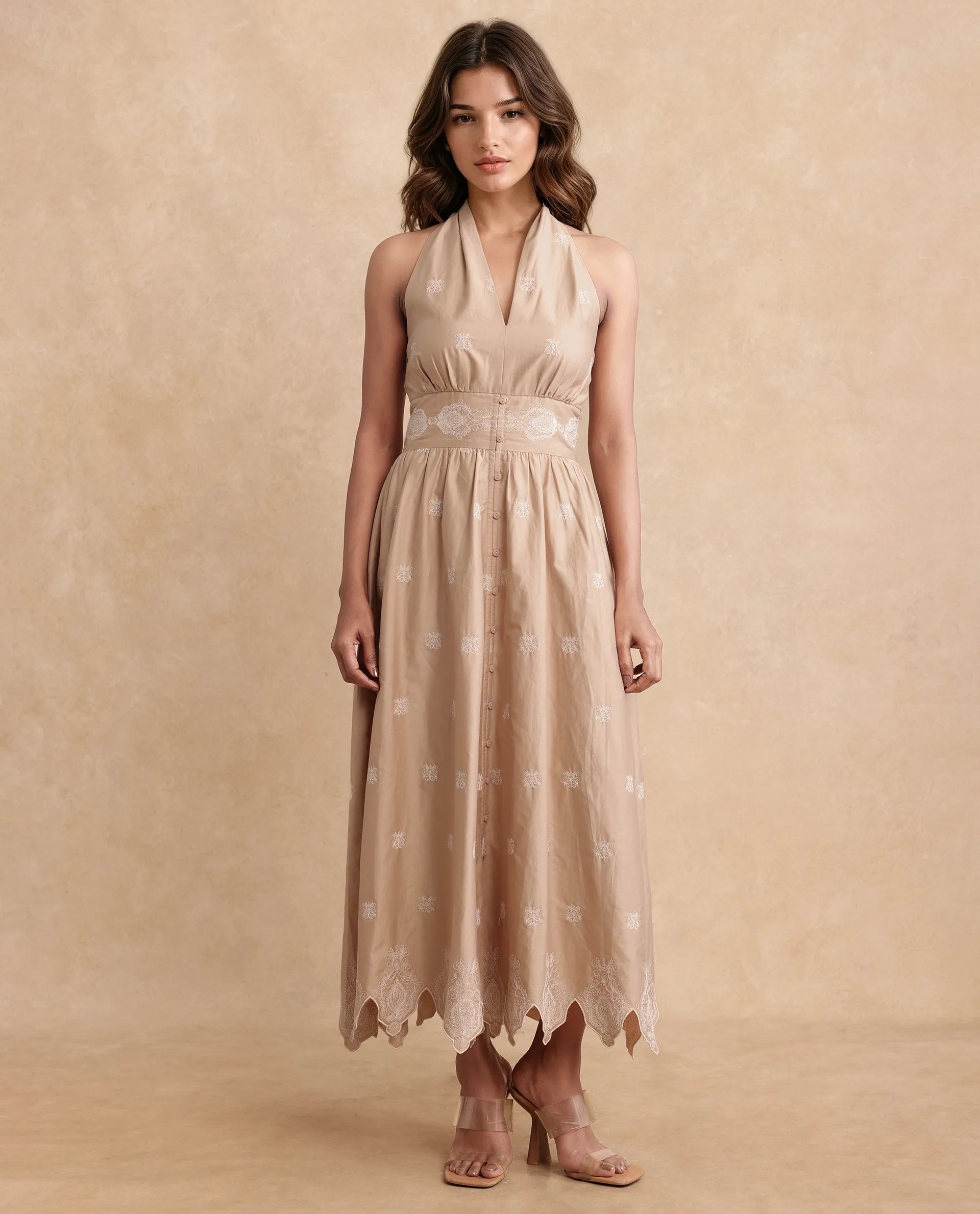 Rareism Women's Somaxa Beige Cotton Halter Neck Plain Sleeveless Midi A-Line Dress