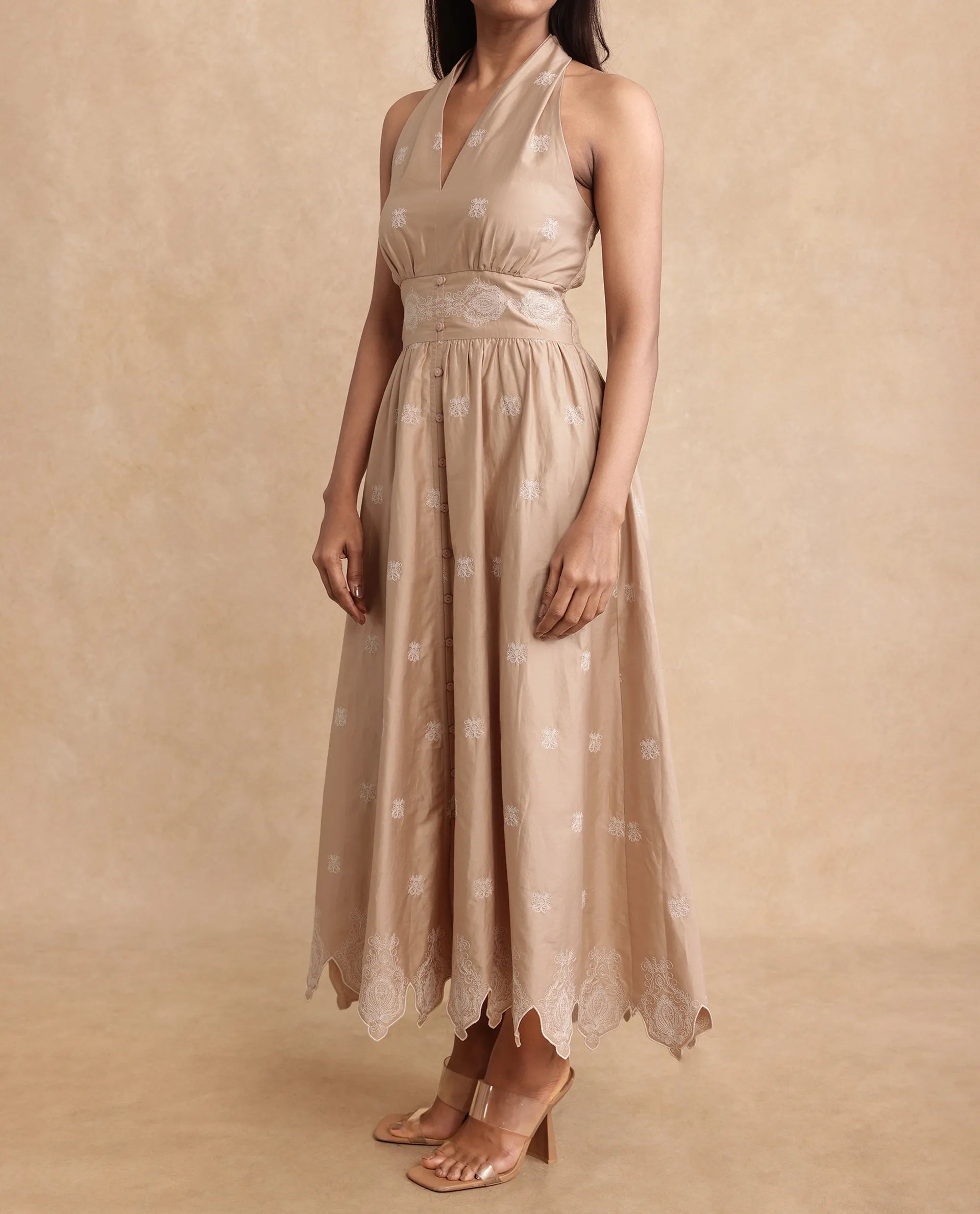 Rareism Women's Somaxa Beige Cotton Halter Neck Plain Sleeveless Midi A-Line Dress