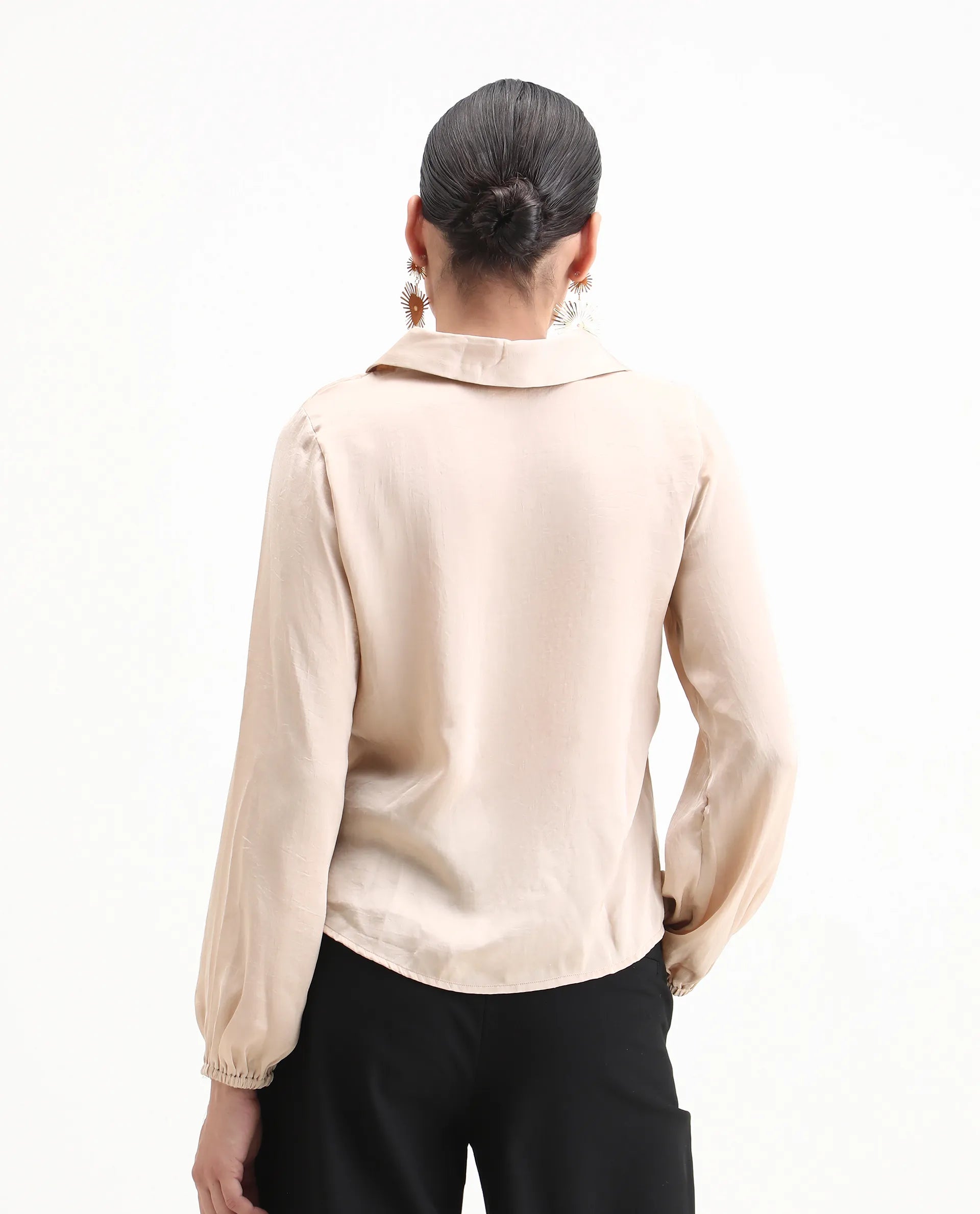 Rareism Women's Somaxar Beige Polyester V-Neck Plain Bishop Sleeve Regular Fit Top