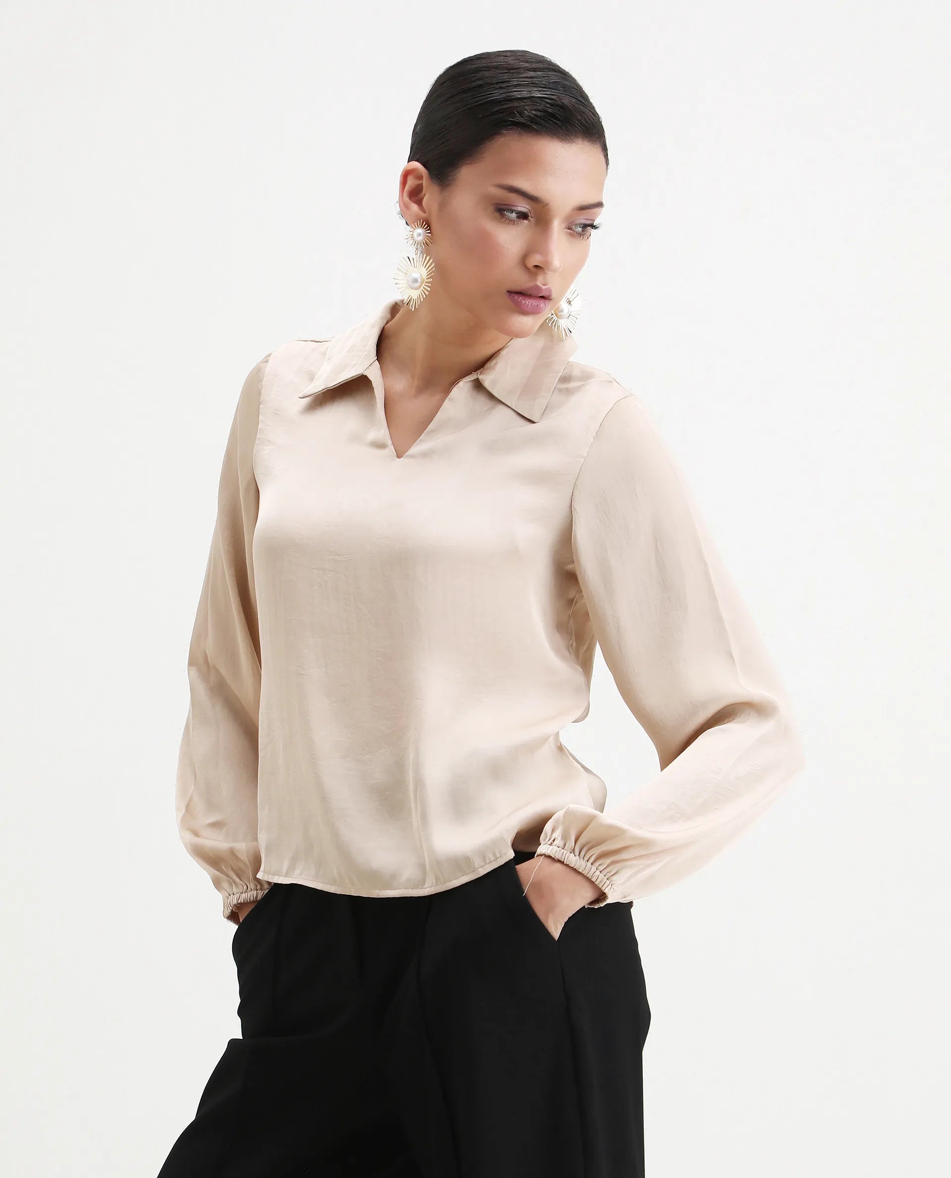 Rareism Women's Somaxar Beige Polyester V-Neck Plain Bishop Sleeve Regular Fit Top