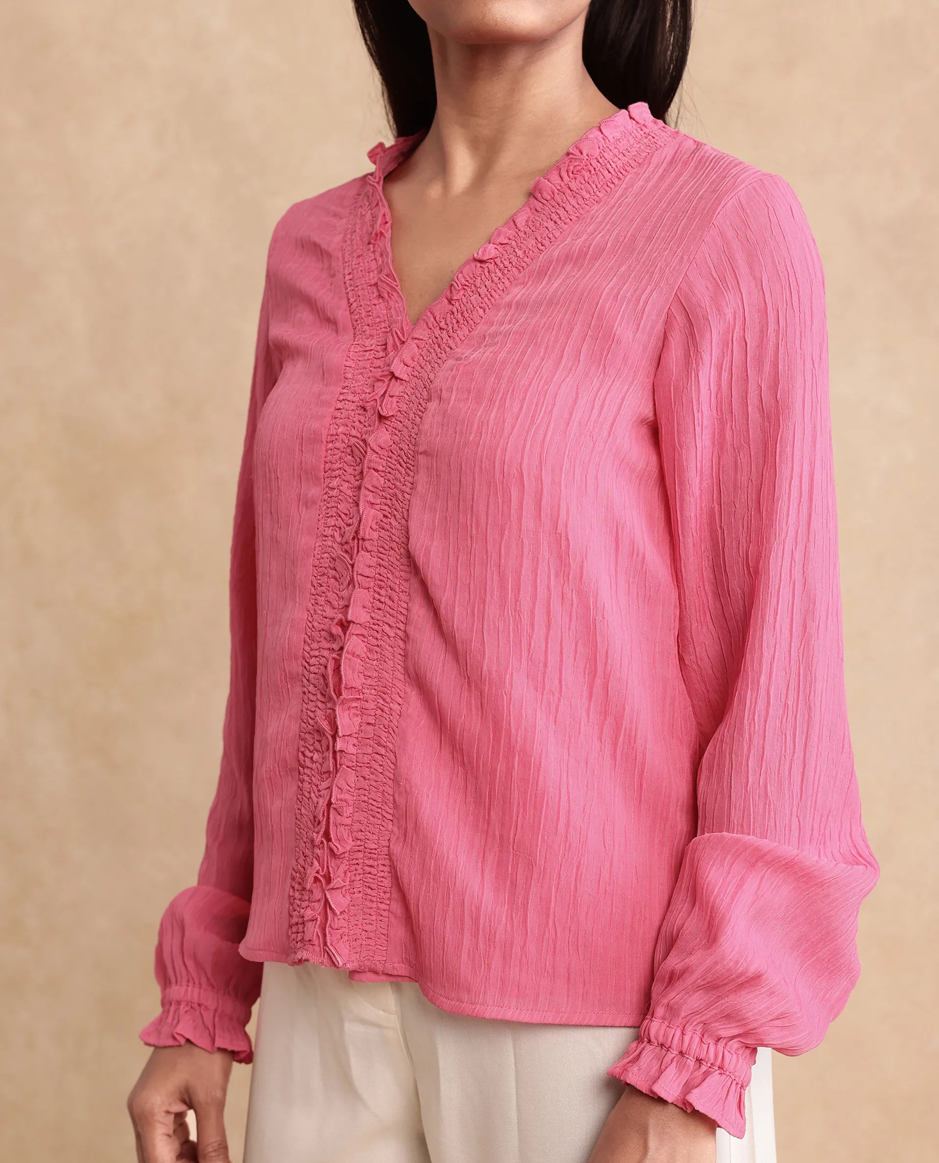 Rareism Women's Sombil Pink Polyester V-Neck Plain Bishop Sleeve Regular Fit Top