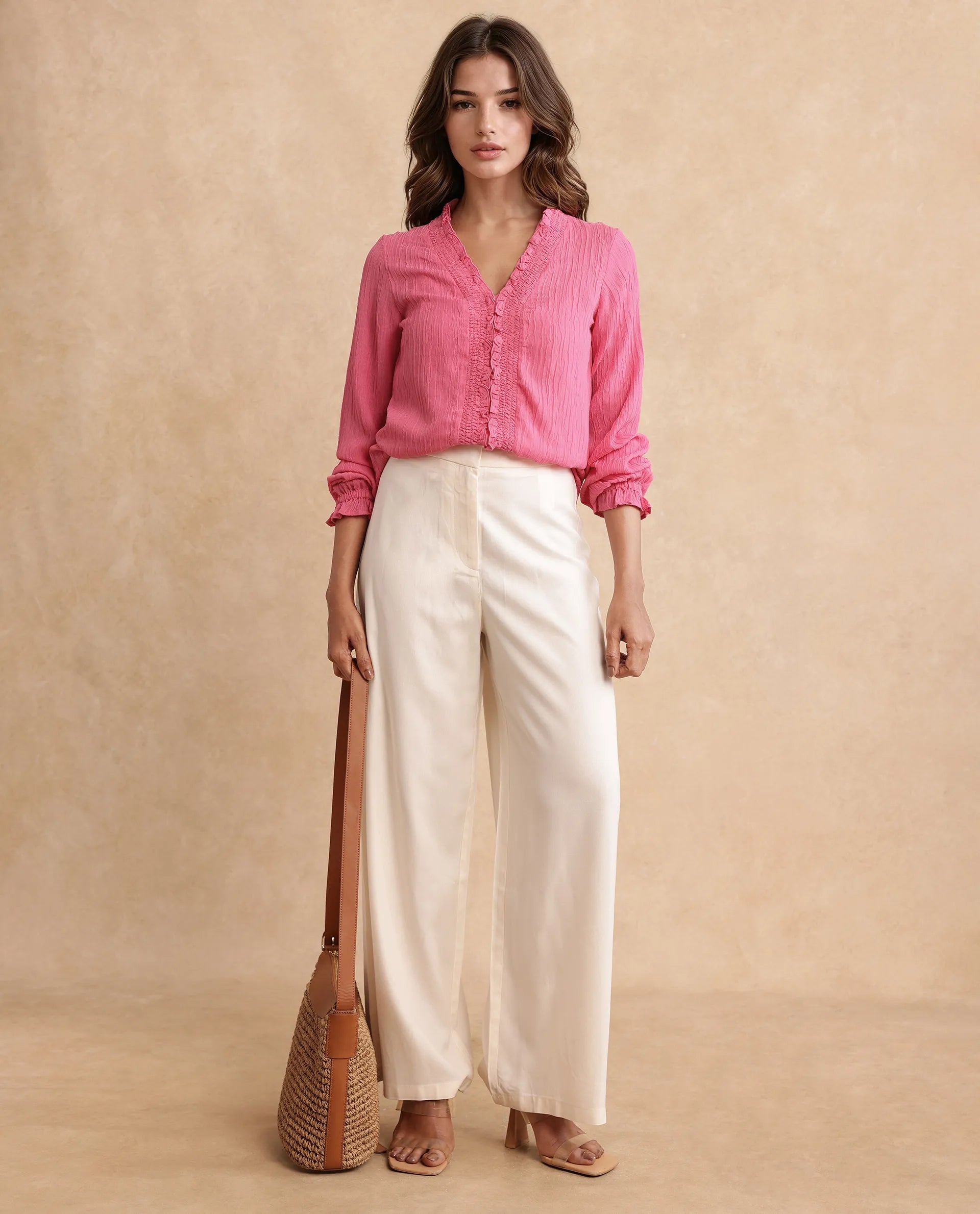 Rareism Women's Sombil Pink Polyester V-Neck Plain Bishop Sleeve Regular Fit Top