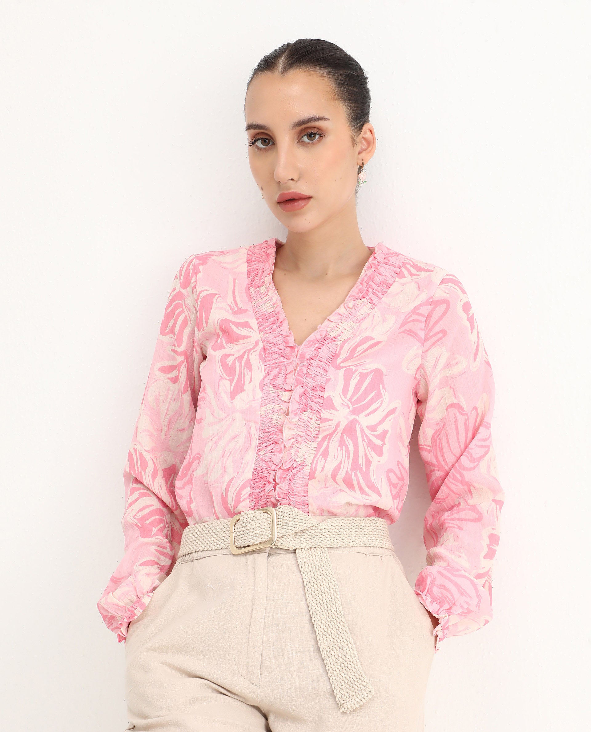 Rareism Women's Sombo Pink Polyester V-Neck Floral Print Bishop Sleeve Regular Fit Top