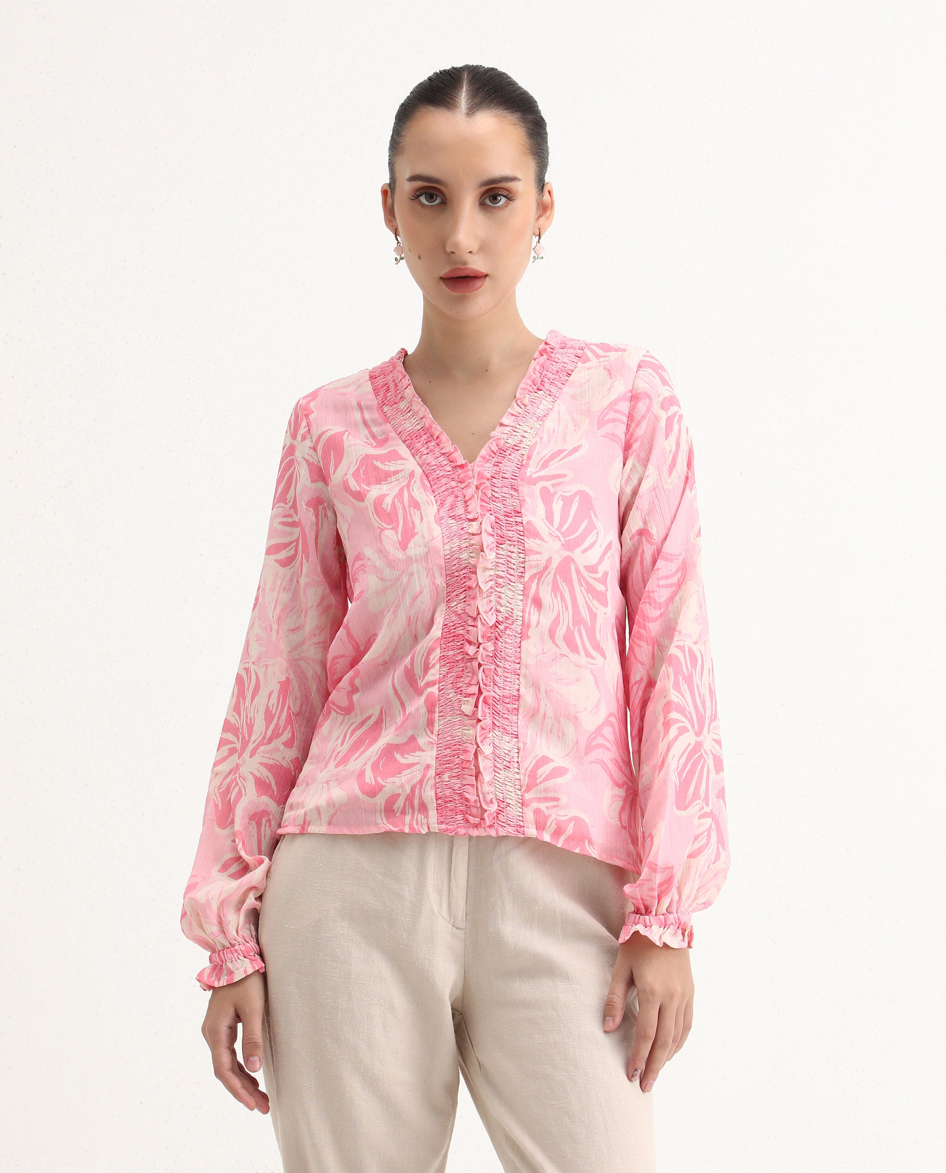 Rareism Women's Sombo Pink Polyester V-Neck Floral Print Bishop Sleeve Regular Fit Top
