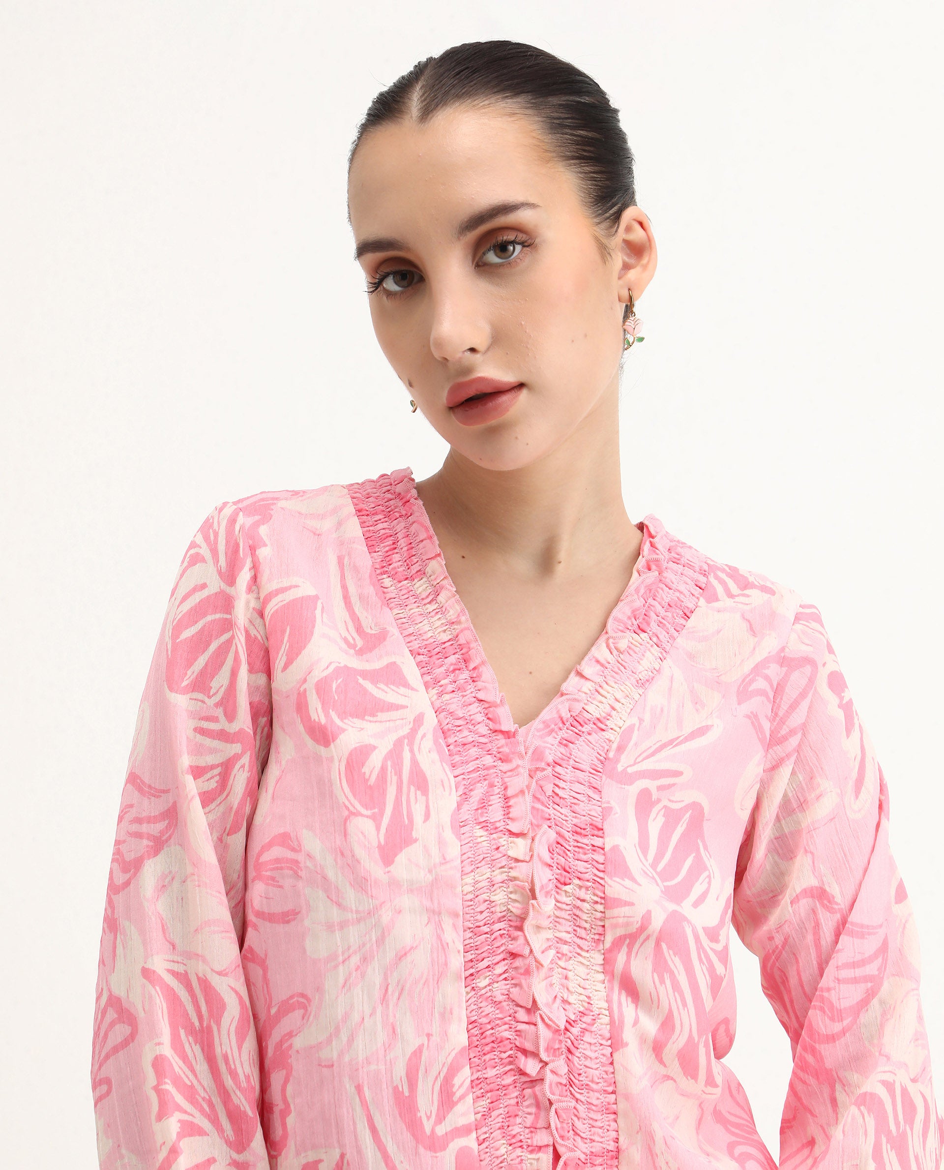 Rareism Women's Sombo Pink Polyester V-Neck Floral Print Bishop Sleeve Regular Fit Top