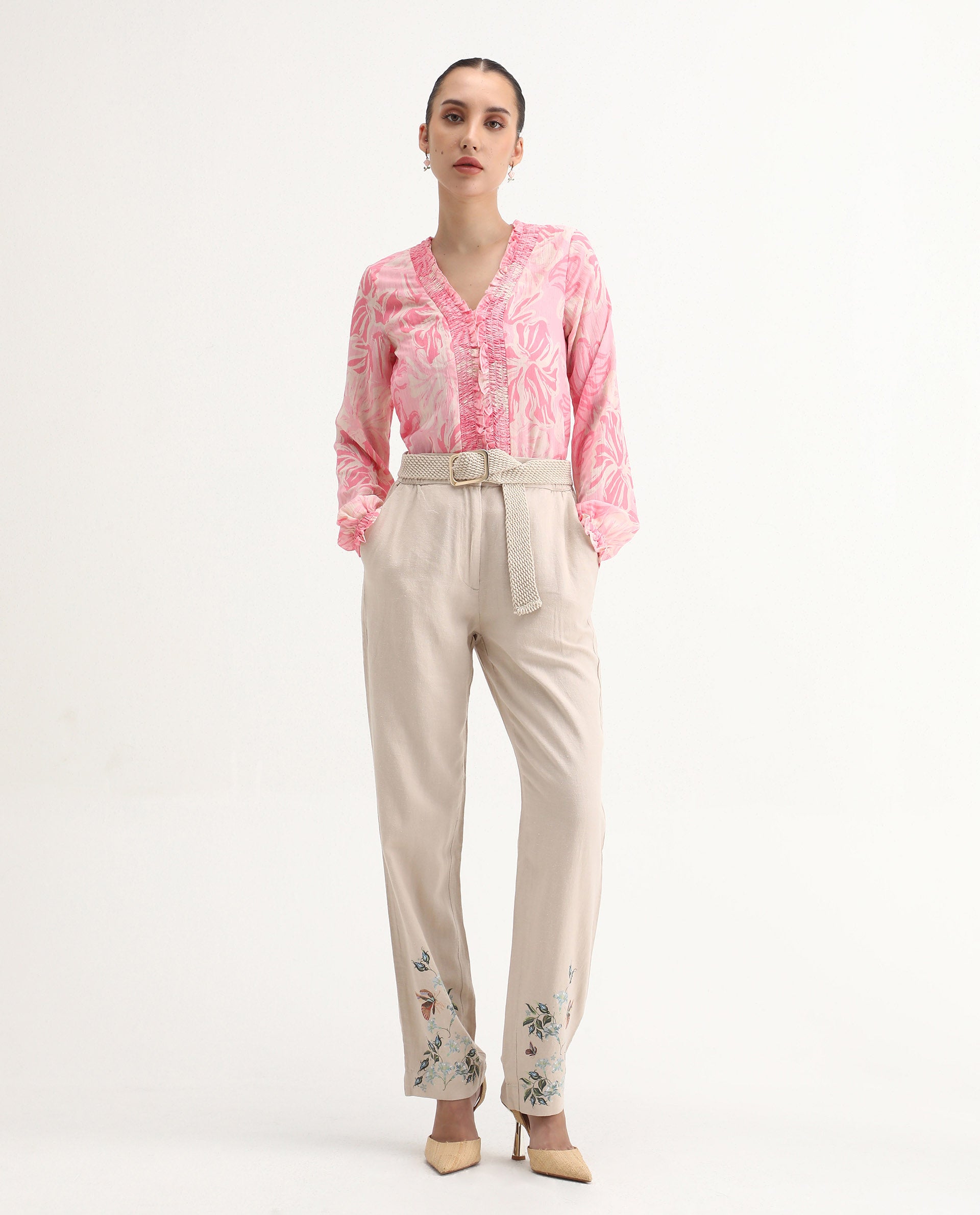 Rareism Women's Sombo Pink Polyester V-Neck Floral Print Bishop Sleeve Regular Fit Top