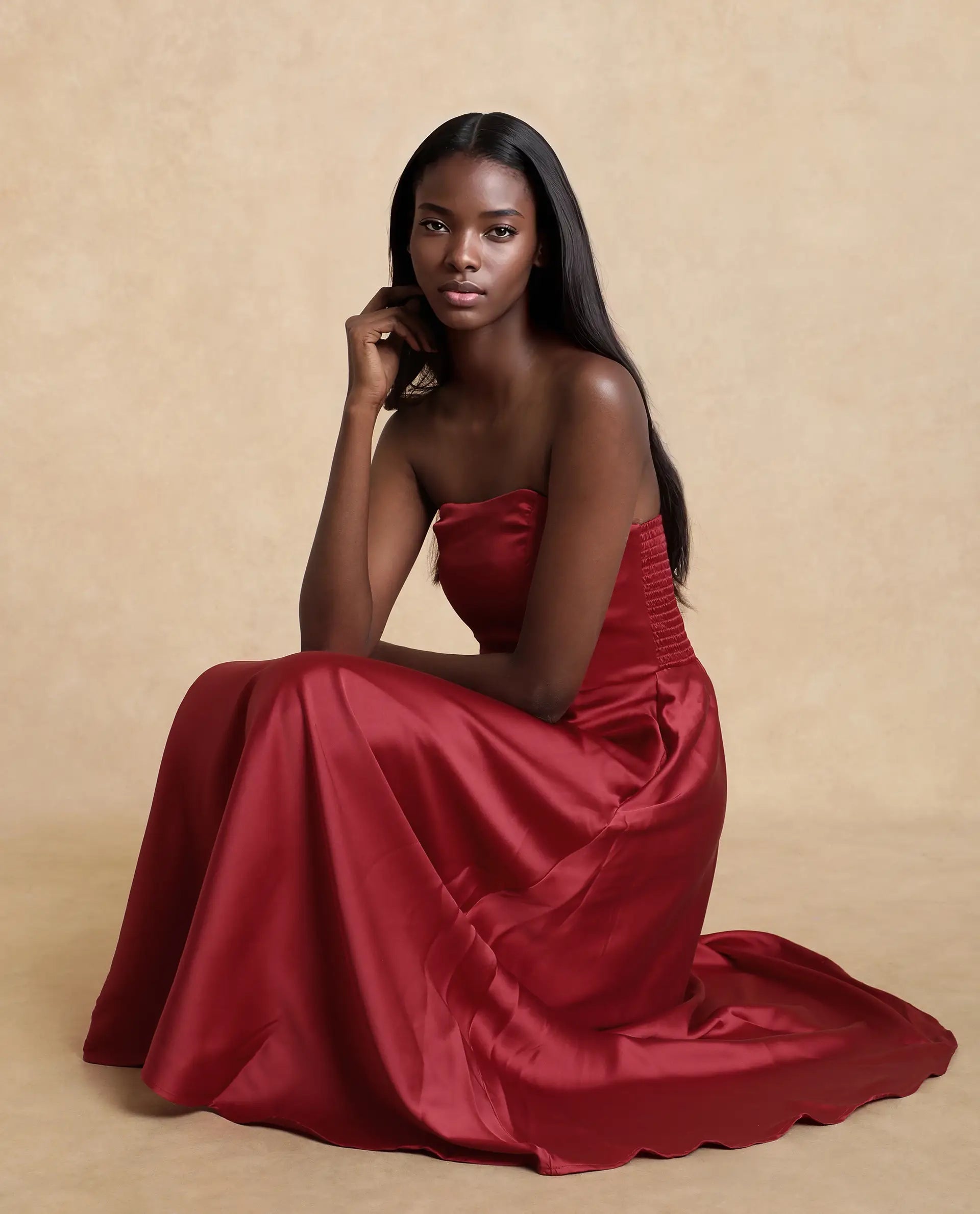 Rareism Women Somfar Red Polyester Fabric Sleeveless Sweet Heart Collar Flared Midi Plain Dress