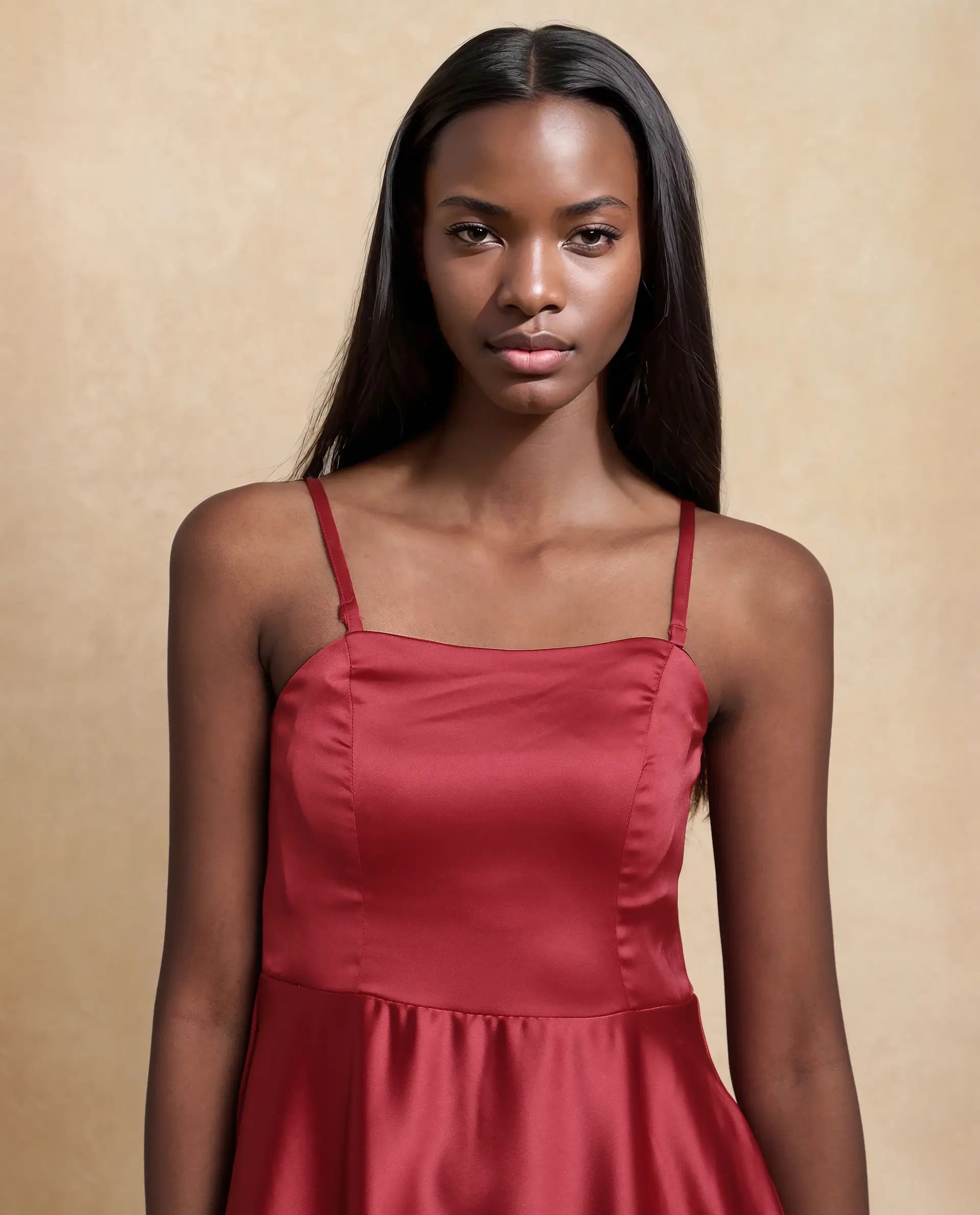 Rareism Women Somfar Red Polyester Fabric Sleeveless Sweet Heart Collar Flared Midi Plain Dress