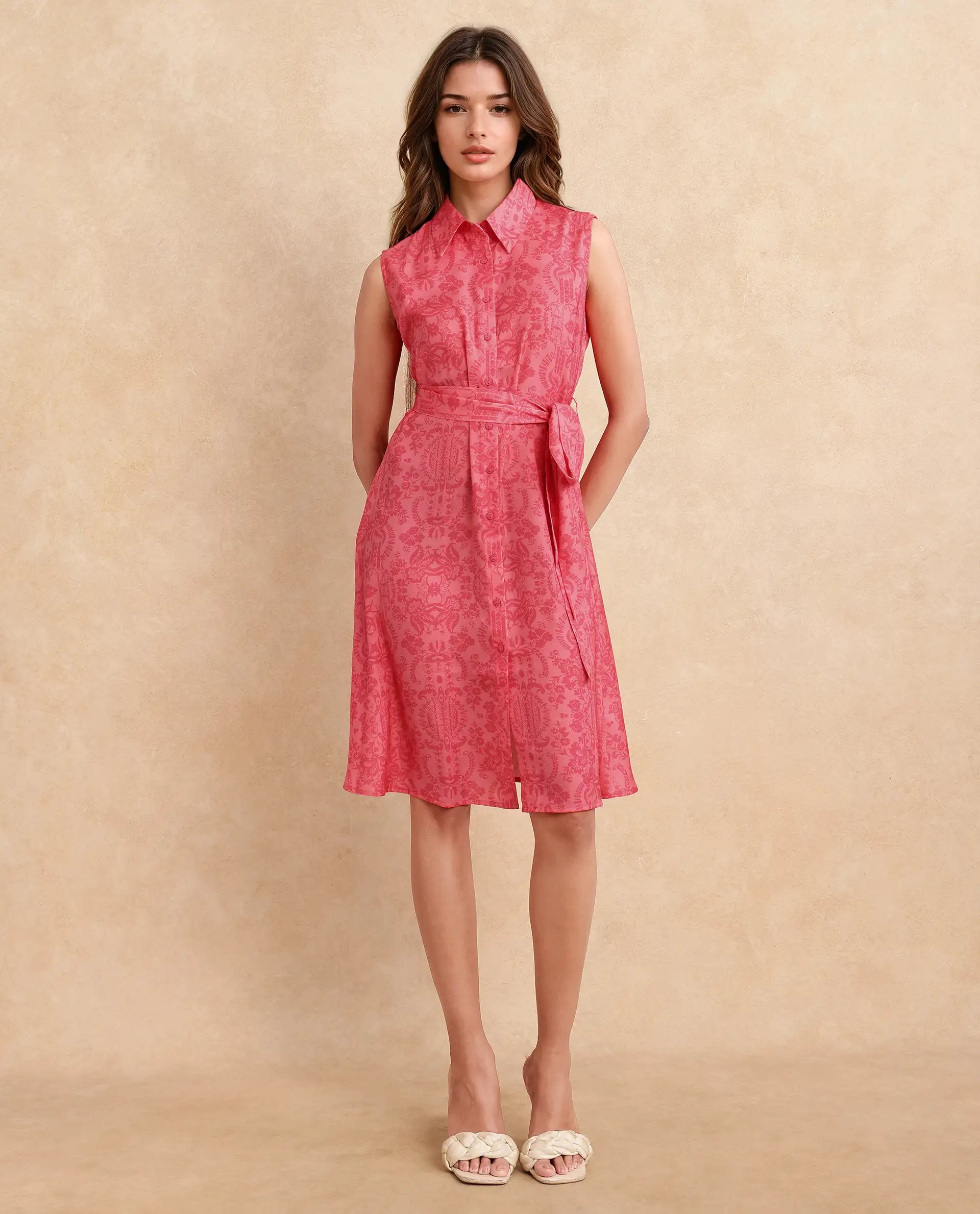 Rareism Women Somfril Pink Polyester Fabric Sleeveless Collared Neck Button Closure A-Line Knee Length Abstract Print Dress