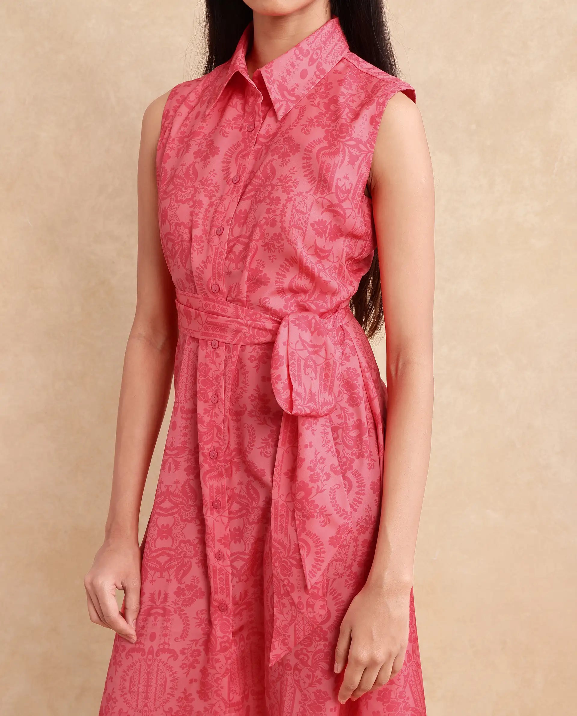 Rareism Women Somfril Pink Polyester Fabric Sleeveless Collared Neck Button Closure A-Line Knee Length Abstract Print Dress