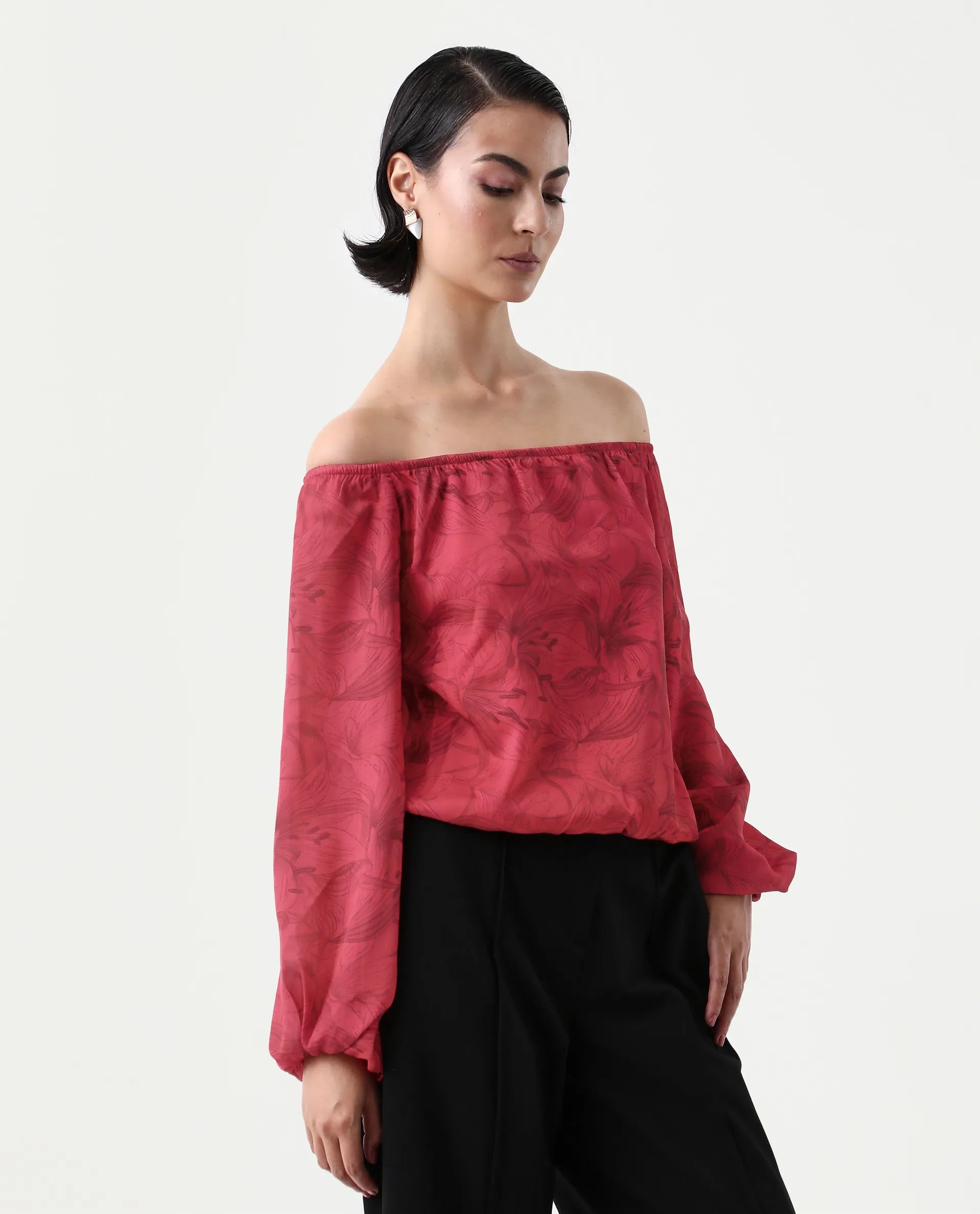 Rareism Women's Somgam Dark Red Polyester Off Shoulder Floral Print Bishop Sleeve Regular Fit Top