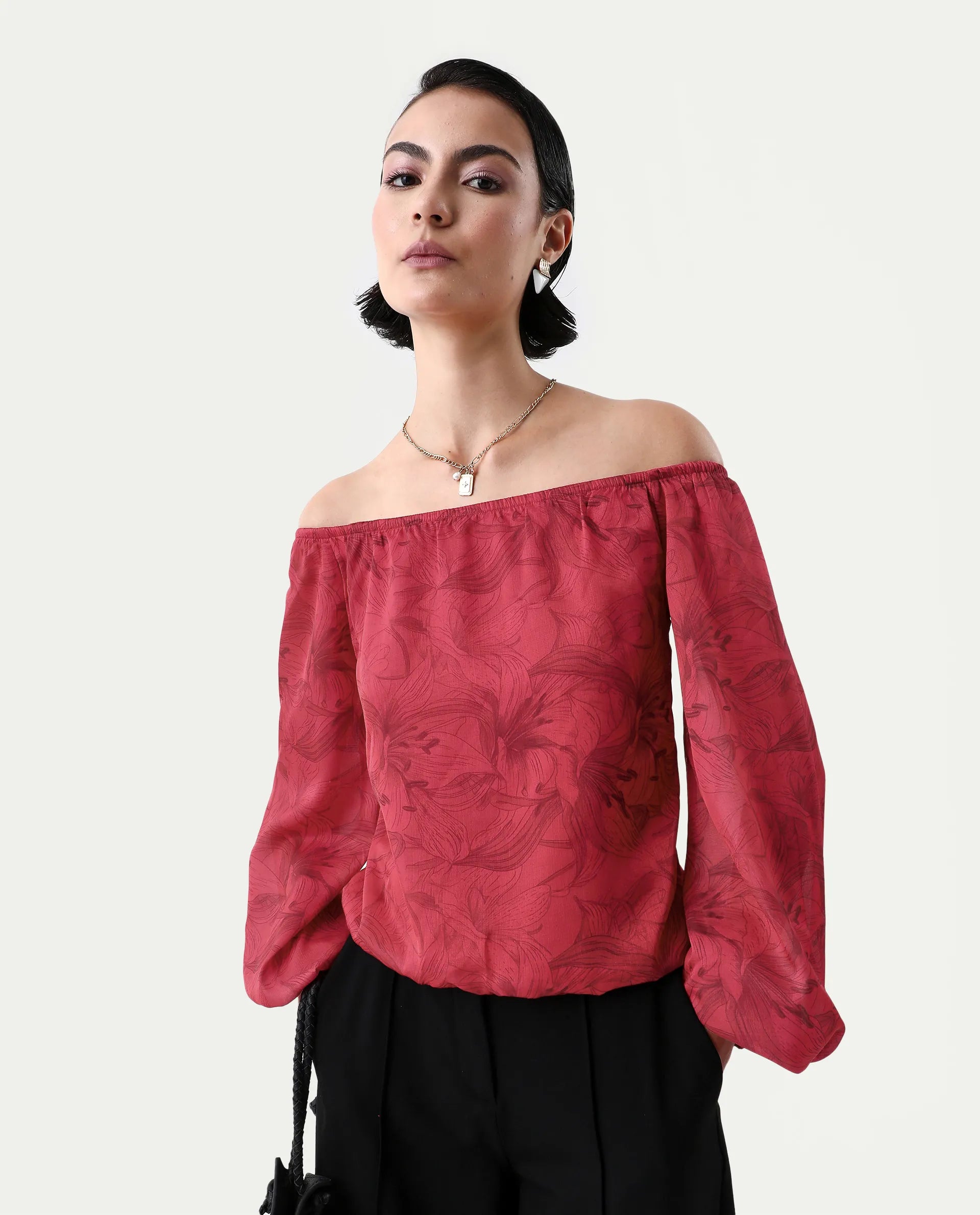 Rareism Women's Somgam Dark Red Polyester Off Shoulder Floral Print Bishop Sleeve Regular Fit Top