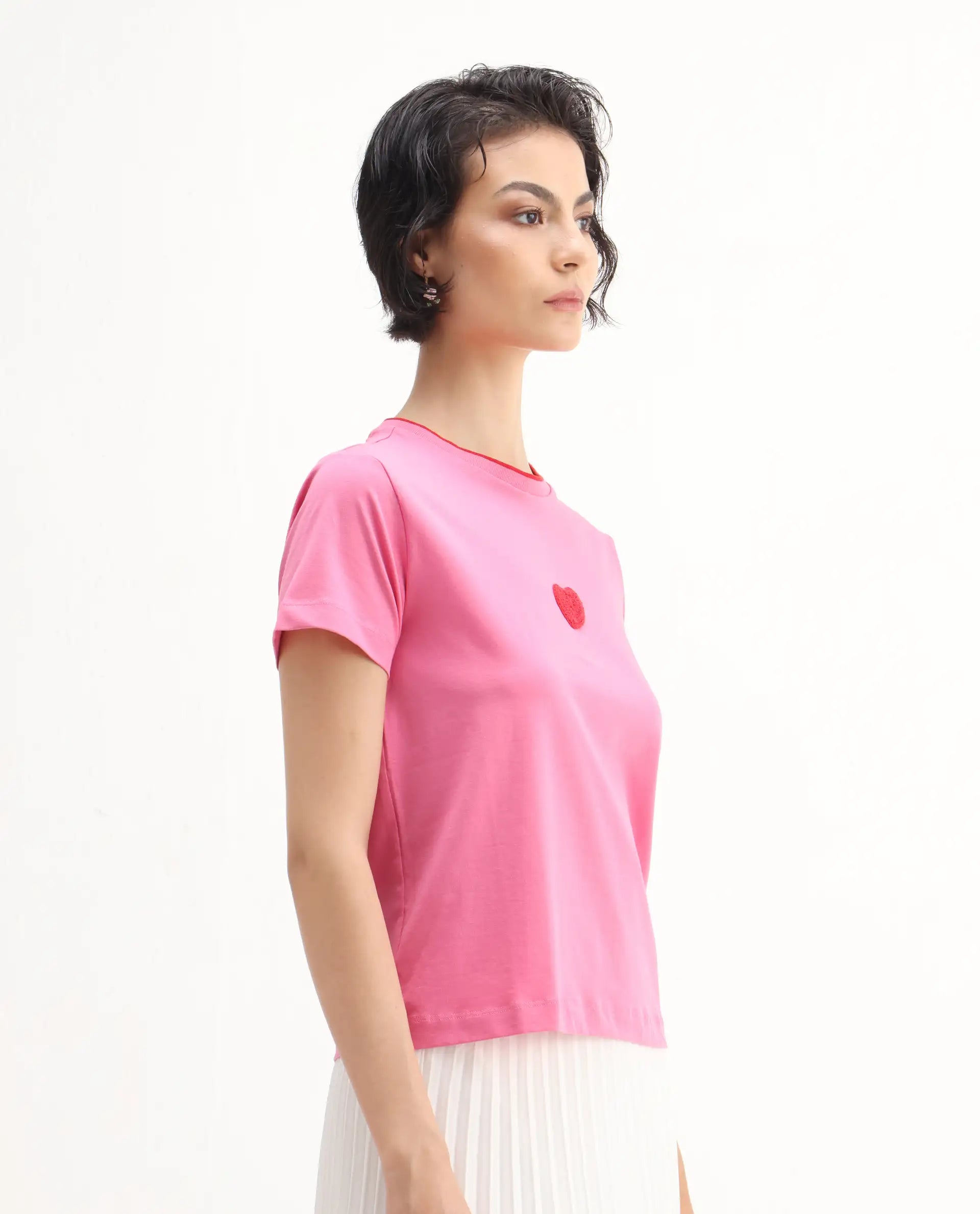 Rareism Women's Somger Pink Cotton Blend Crew Neck Embroidered Regular Fit T-Shirt