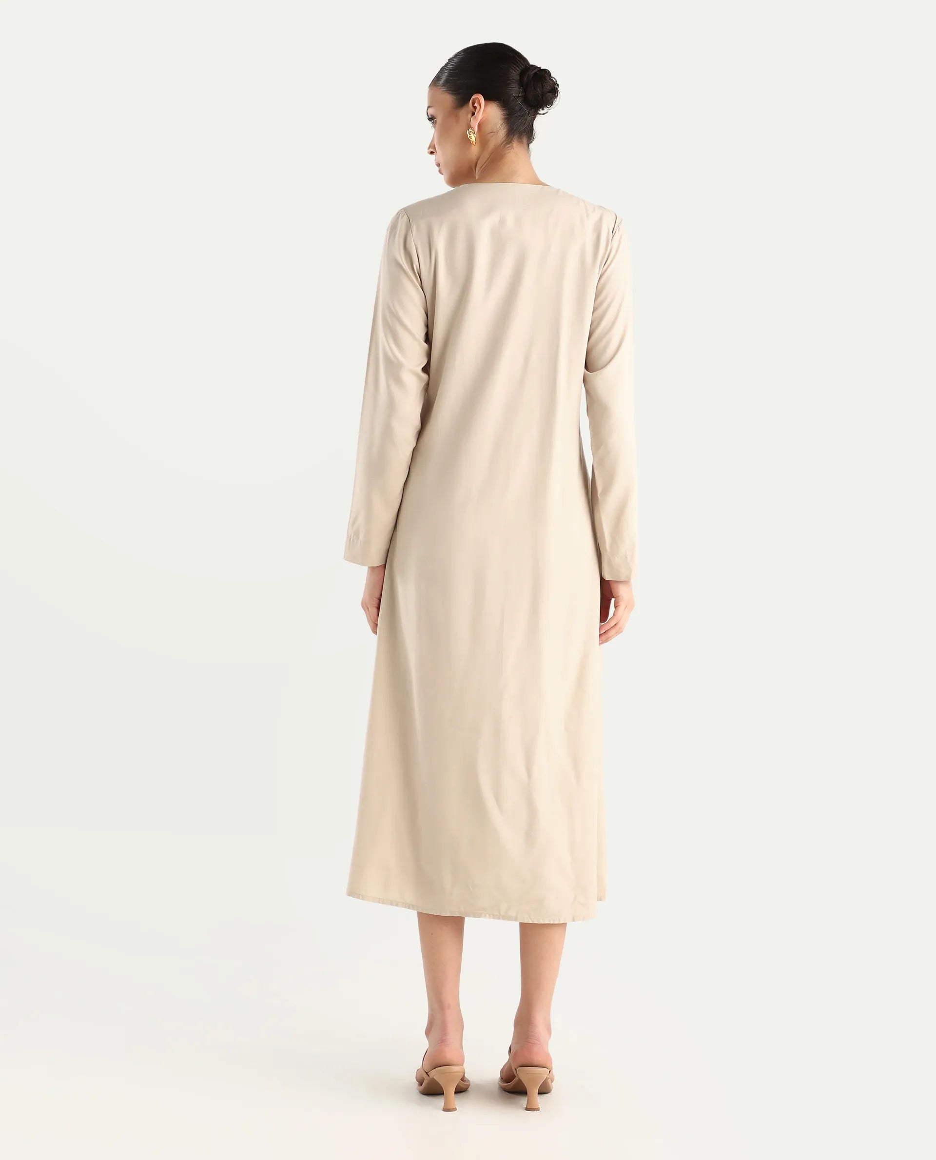 Rareism Women's Somgrip Beige Viscose V-Neck Plain Midi A-Line Dress