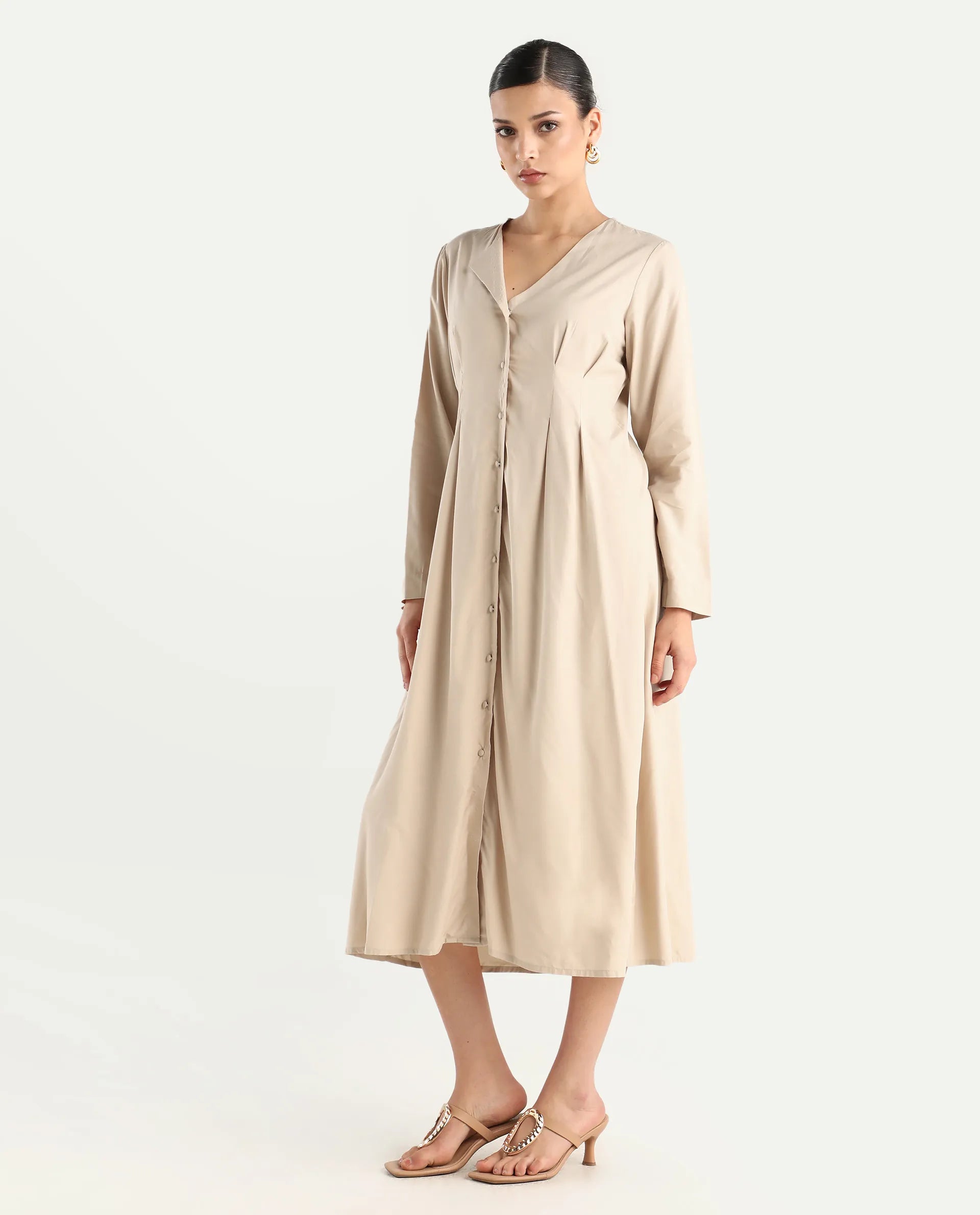 Rareism Women's Somgrip Beige Viscose V-Neck Plain Midi A-Line Dress