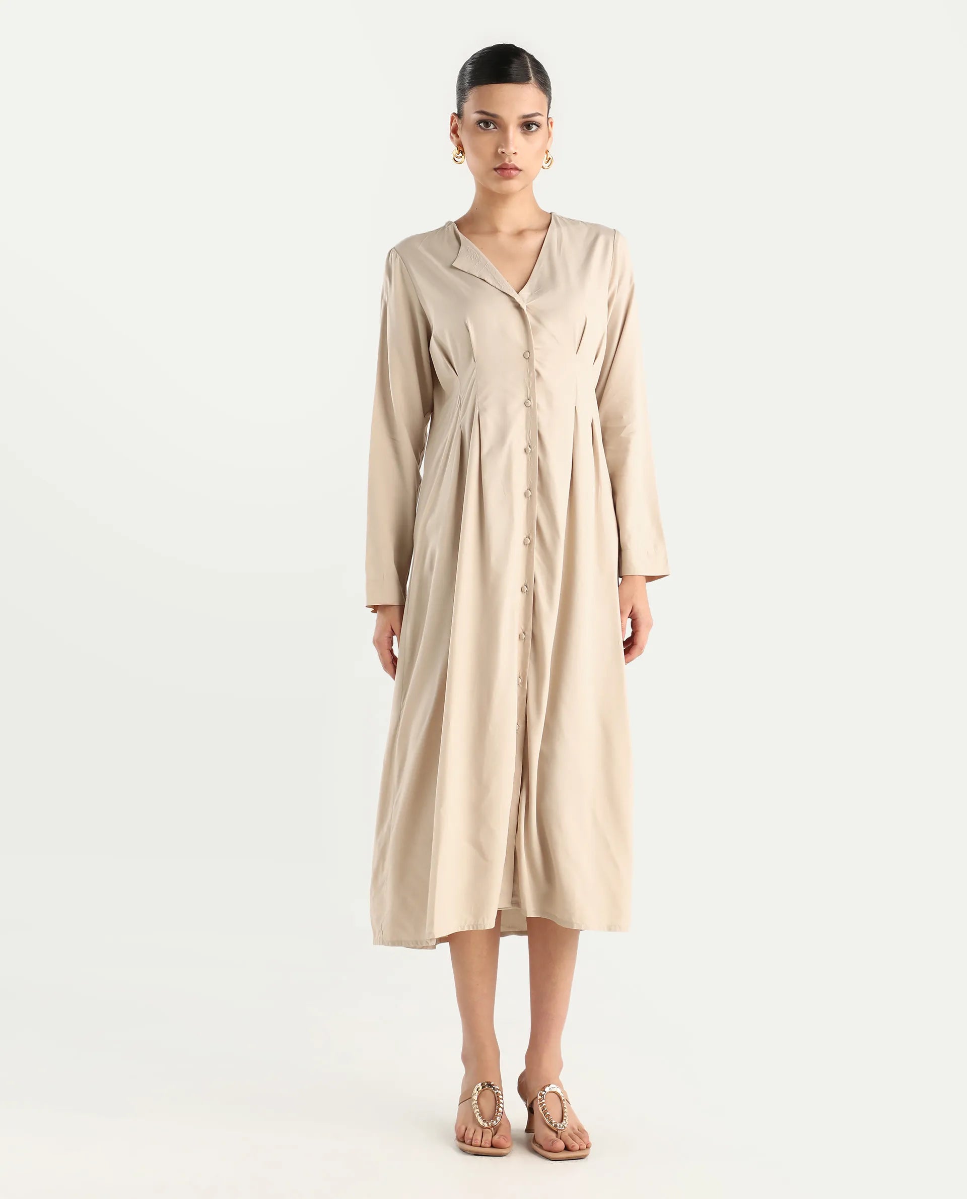 Rareism Women's Somgrip Beige Viscose V-Neck Plain Midi A-Line Dress