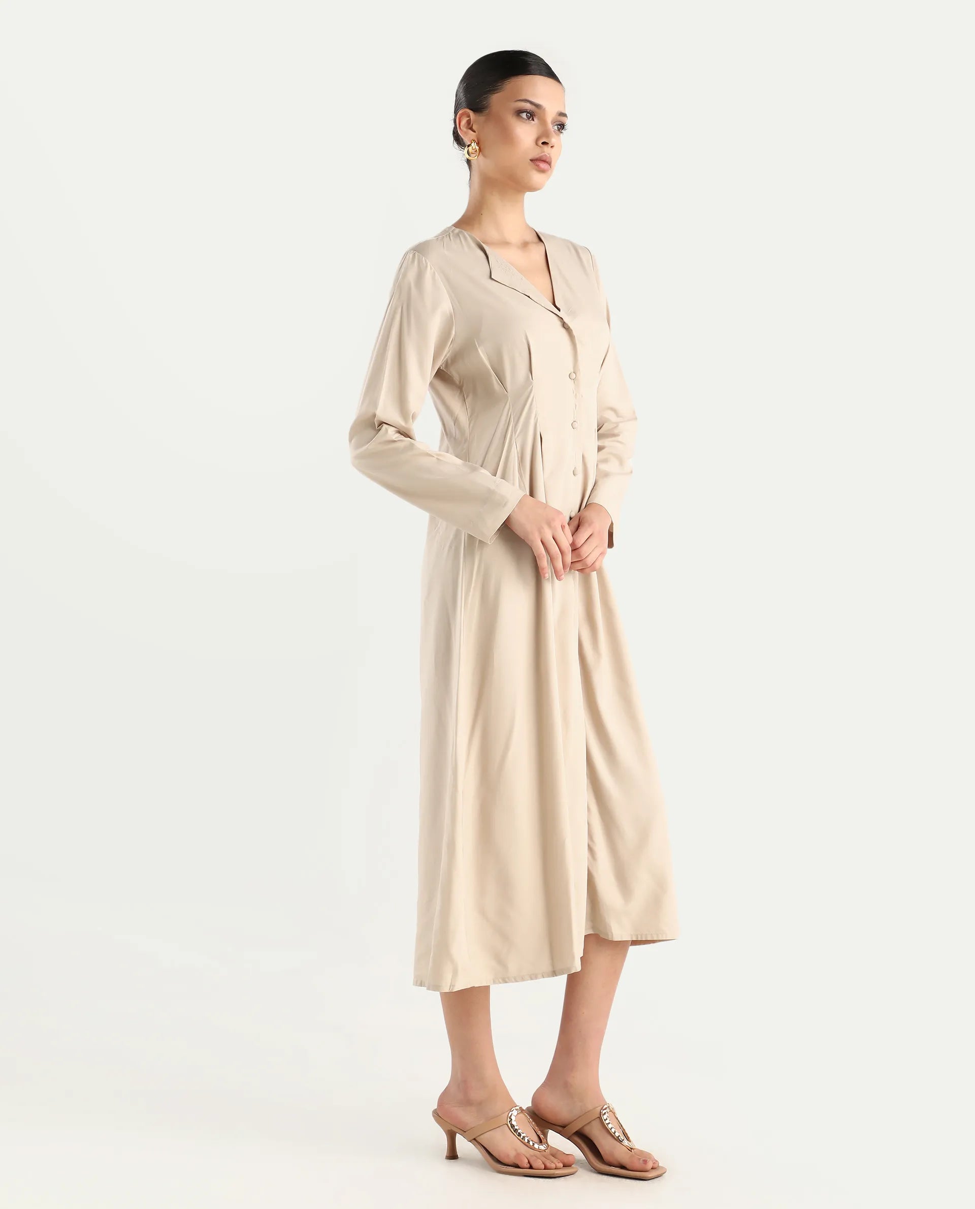 Rareism Women's Somgrip Beige Viscose V-Neck Plain Midi A-Line Dress