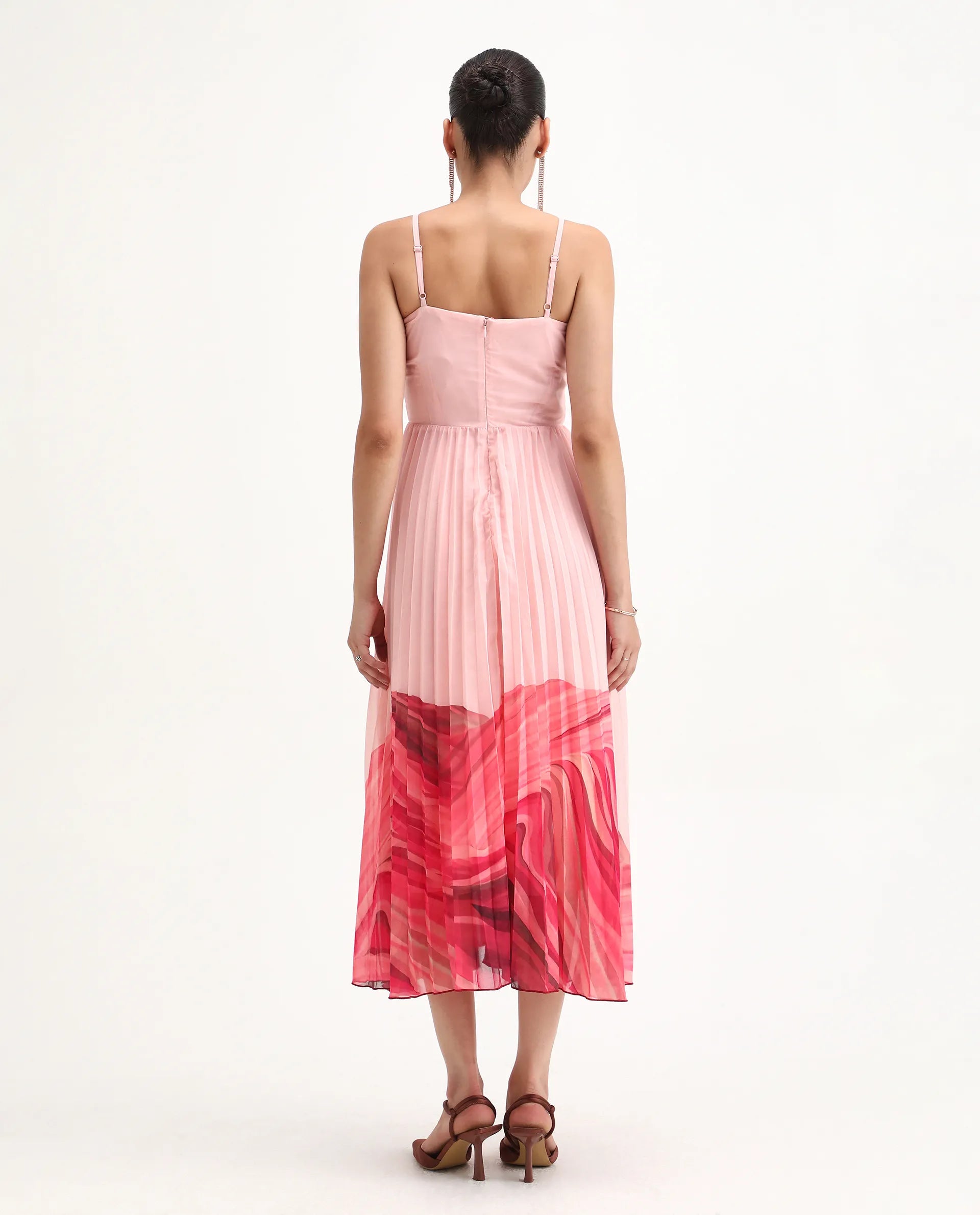 Rareism Women's Somhey Pink Polyester Shoulder Strap Plain Shoulder Strap Midi Fit And Flare Dress