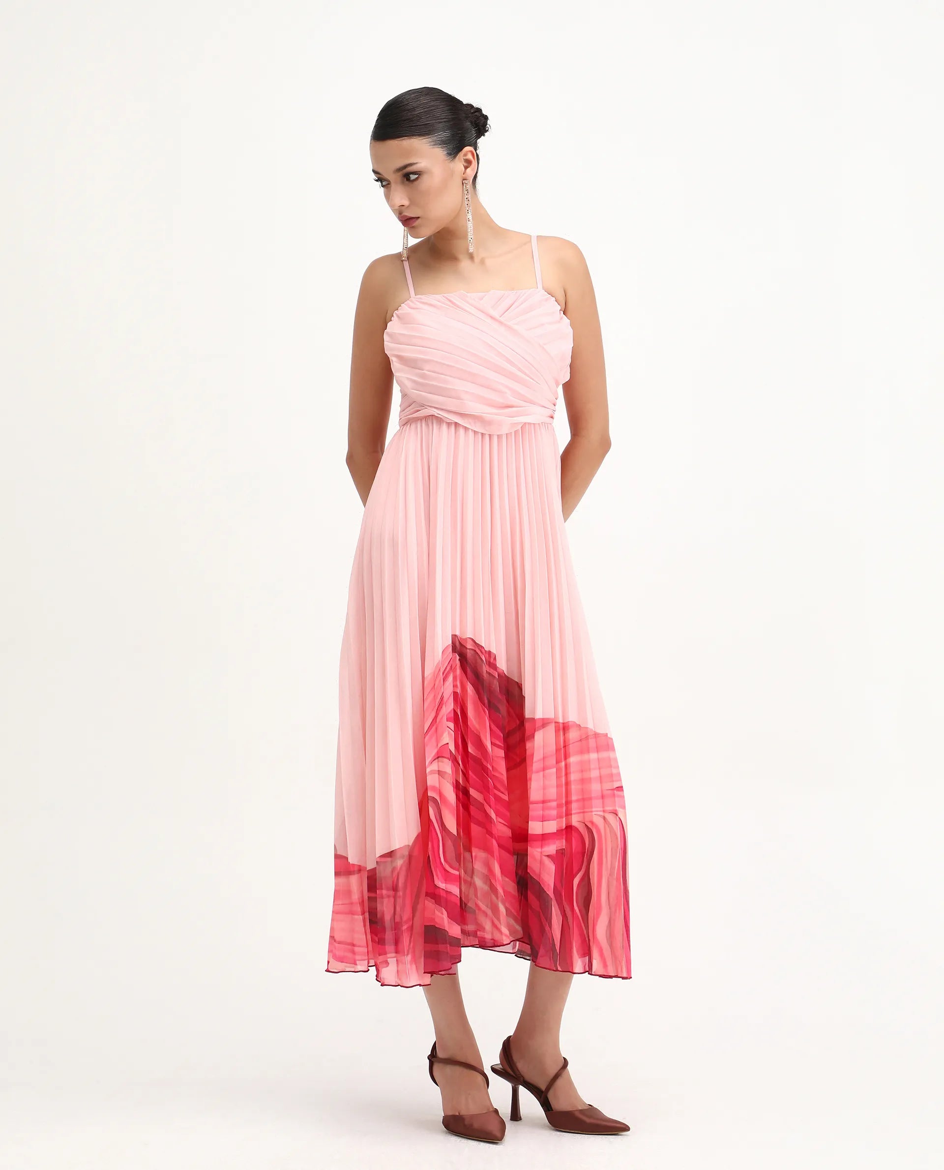 Rareism Women's Somhey Pink Polyester Shoulder Strap Plain Shoulder Strap Midi Fit And Flare Dress