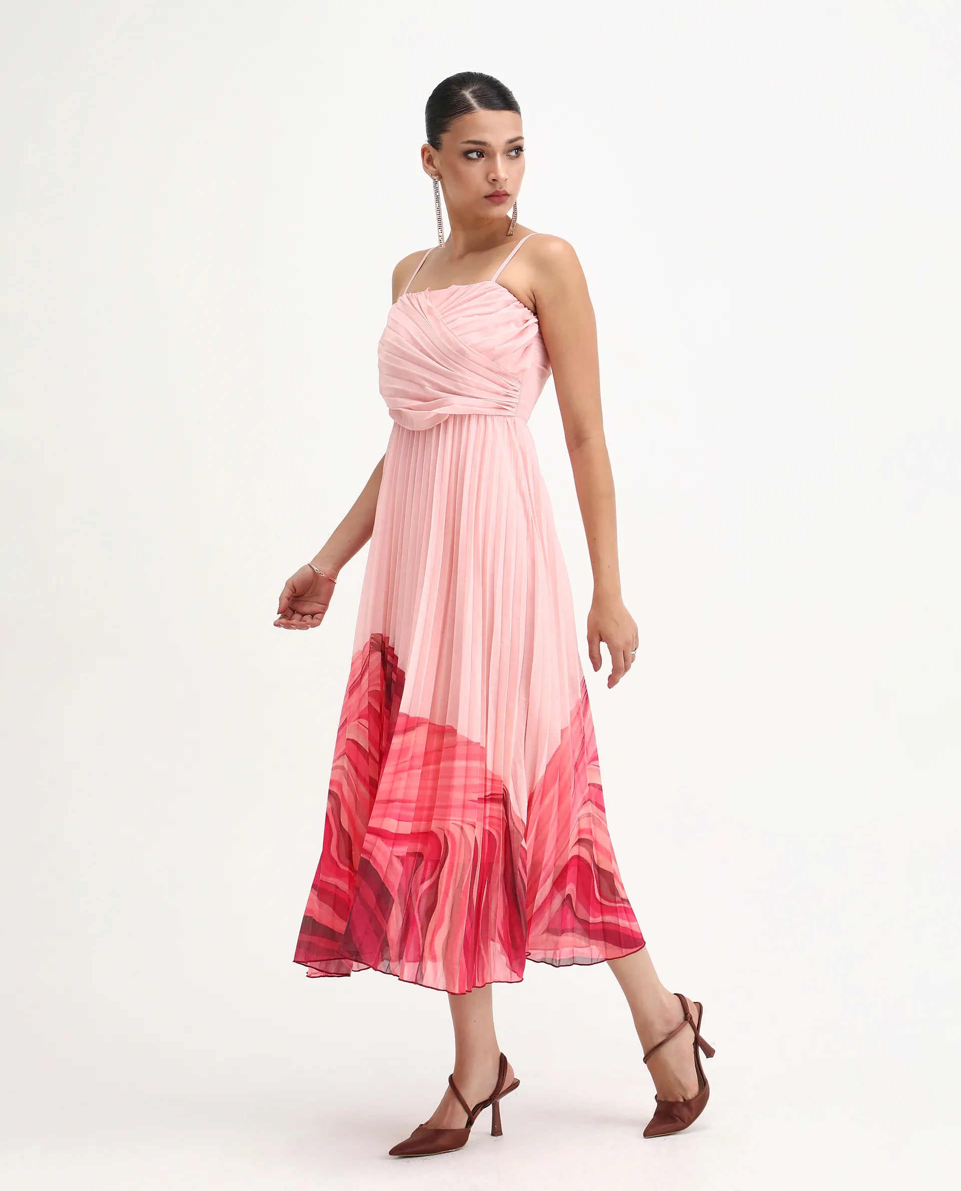 Rareism Women's Somhey Pink Polyester Shoulder Strap Plain Shoulder Strap Midi Fit And Flare Dress