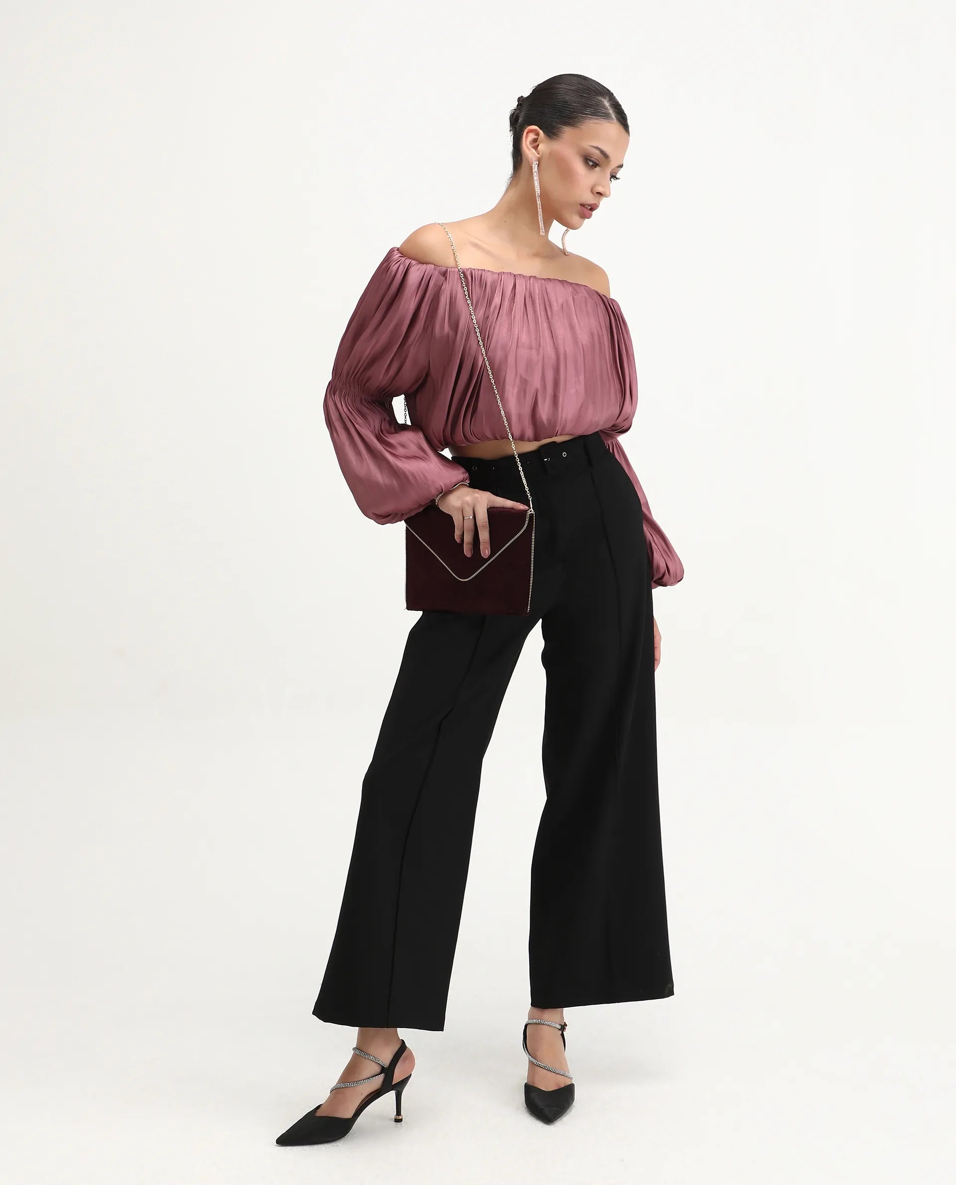 Rareism Women's Somhu Pink Polyester Off Shoulder Plain Fashion Sleeve Crop Fitted Top